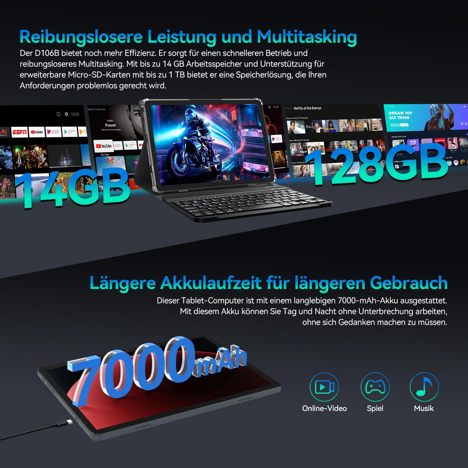 ANTEMPER Tablet, Android 15 Tablet PC mit SIM-Karte Slot 4G LTE Anrufe, 14GB RAM+128GB ROM (1TB TF), Octa-Core, Tablets 10 Zoll Gemini AI, 13MP+8MP, 7000mAh, GPS, Face ID, 2-in-1 Tablet, Grau 2026