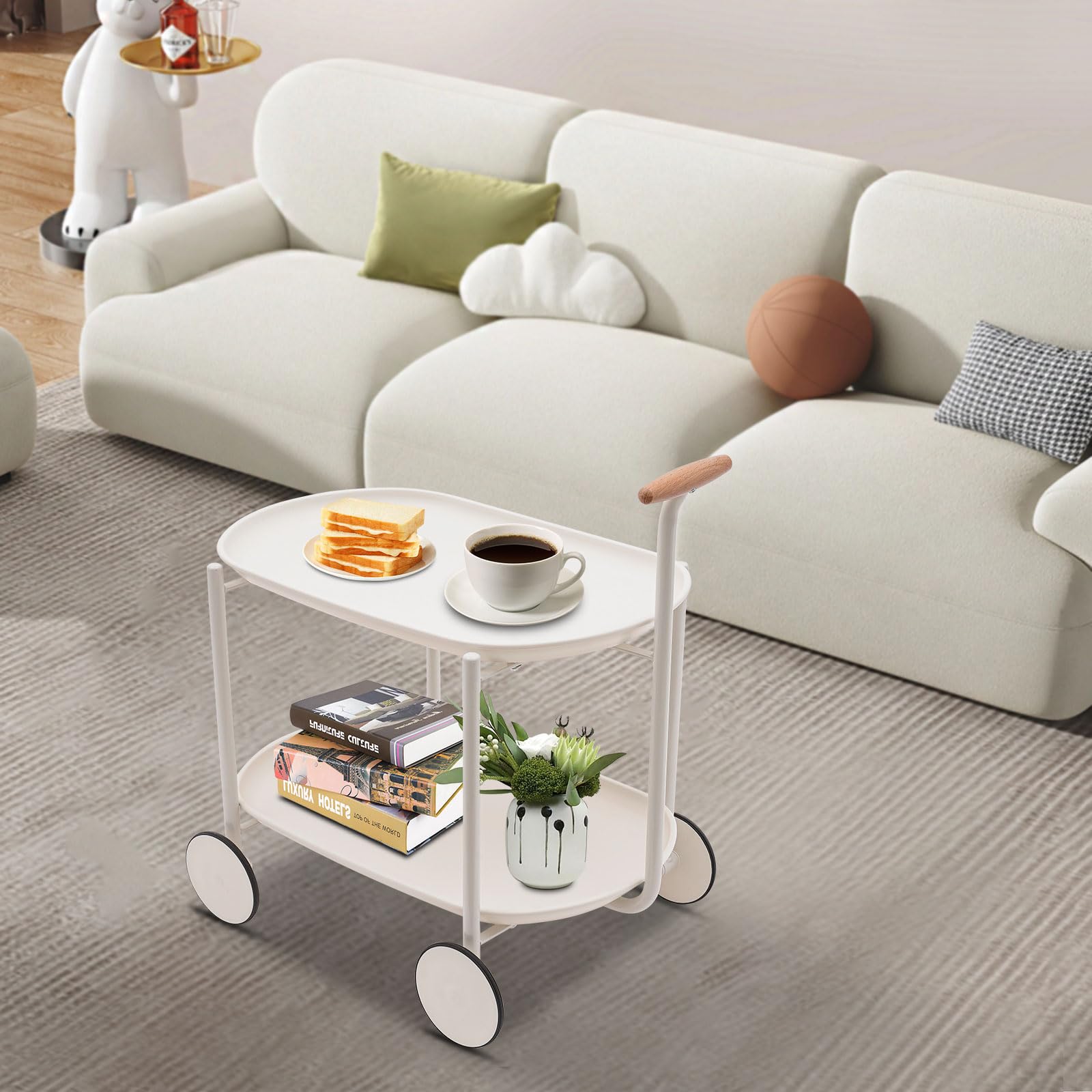 Carrello da servizio, carrello da cucina, multifunzione, in ABS, con ruote, manico e 2 ripiani, 63 x 42 x 64,5 cm (bianco)