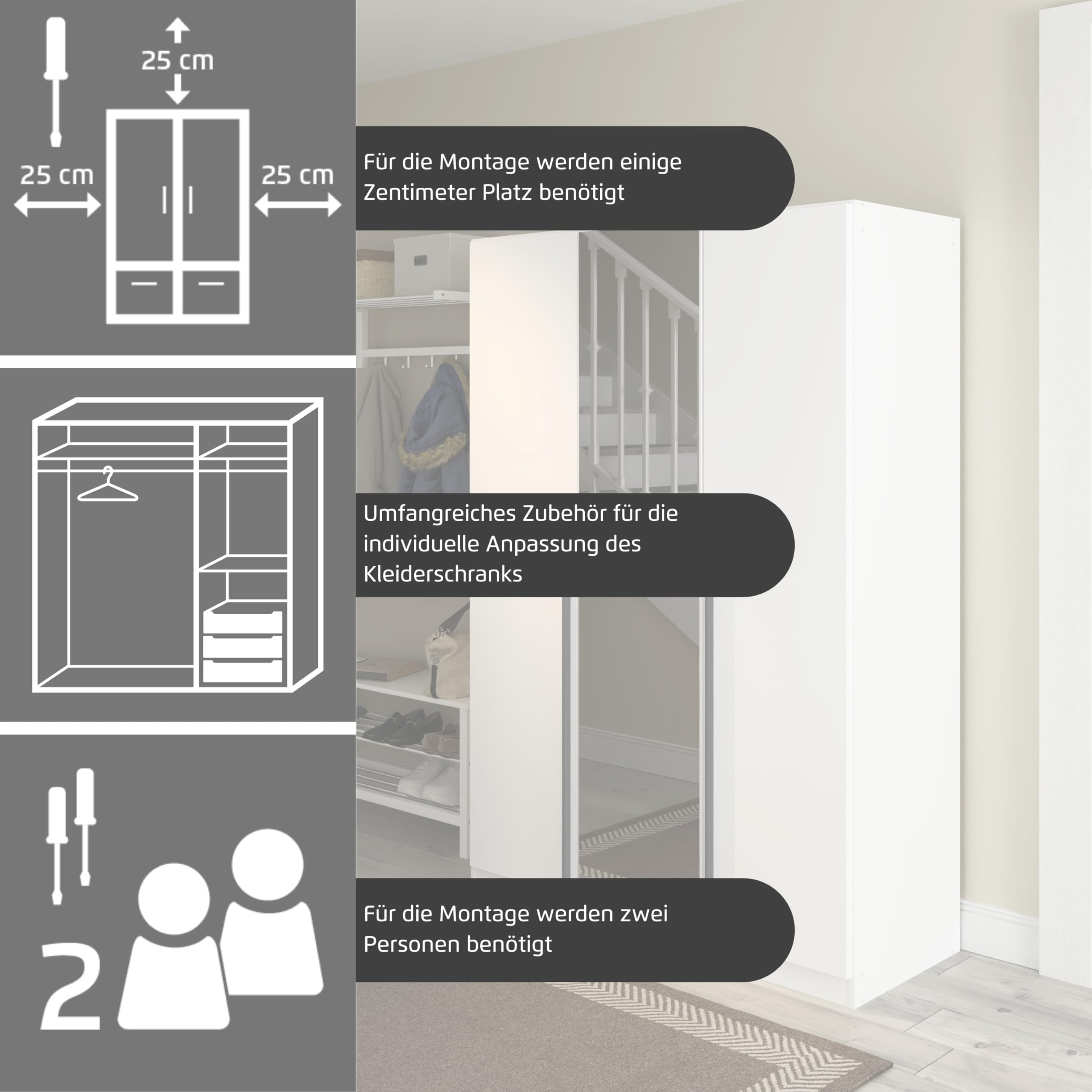 Rauch Möbel ALBA, Kleiderschrank, Farbe Hochglanz Weiß, Breite 91 cm | Schrank, 2-türig, Zubehör Basic, für Schlafzimmer, Kinderzimmer, Babyzimmer, Homeoffice, Garderobe, Flur