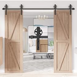 Panel Corredero WINSOON 305 cm Kit Guia Puerta Corredera Rodillo de rueda negro básico Armario de garaje Acero al carbono Doble madera Puerta corredera de granero Kit de hardware Cojinete pesado
