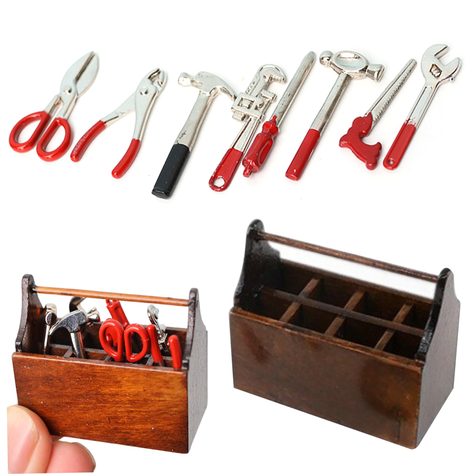 Miniature Dollhouse Accessories for Garage, 9PCS 1/12 Scale Accessories with Wood Tool Box and 8 Metal Miniature Tools DIY Dollhouse Toy for Doll House Lovers