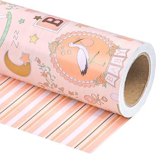 WRAPAHOLIC Papel de regalo reversible  Mini rollo  17 pulgadas x 33 pies  Diseño de niña y rayas para cumpleaños de niños, fiestas, vacaciones, baby