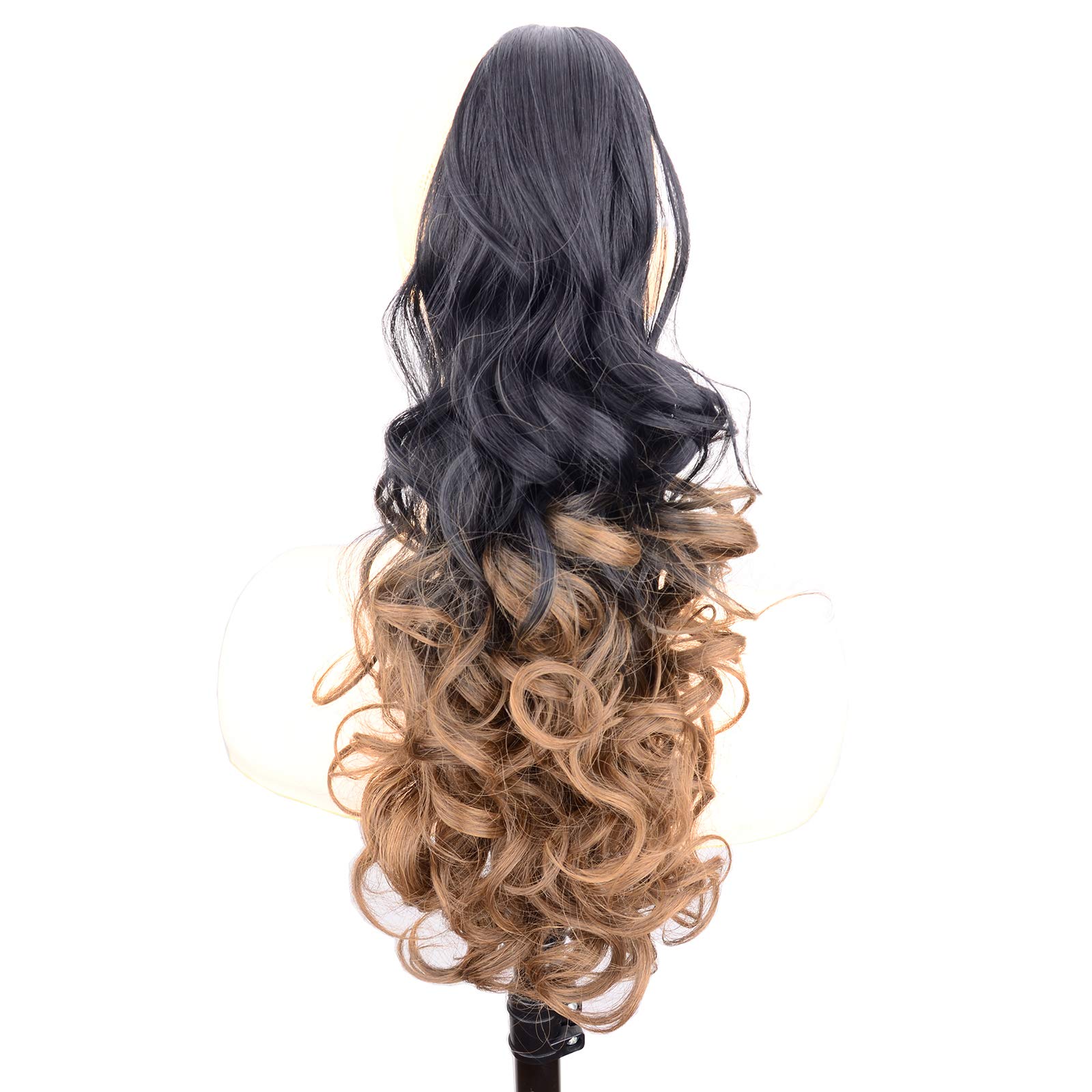DIGUAN Claw Clip In Wavy Loose curly Synthetic Wrap Around Ponytail Extensions 24 Inches Pony Tail Clip In Extensions for Women Girl 7.4oz/210g (1B to Caramel Brown)