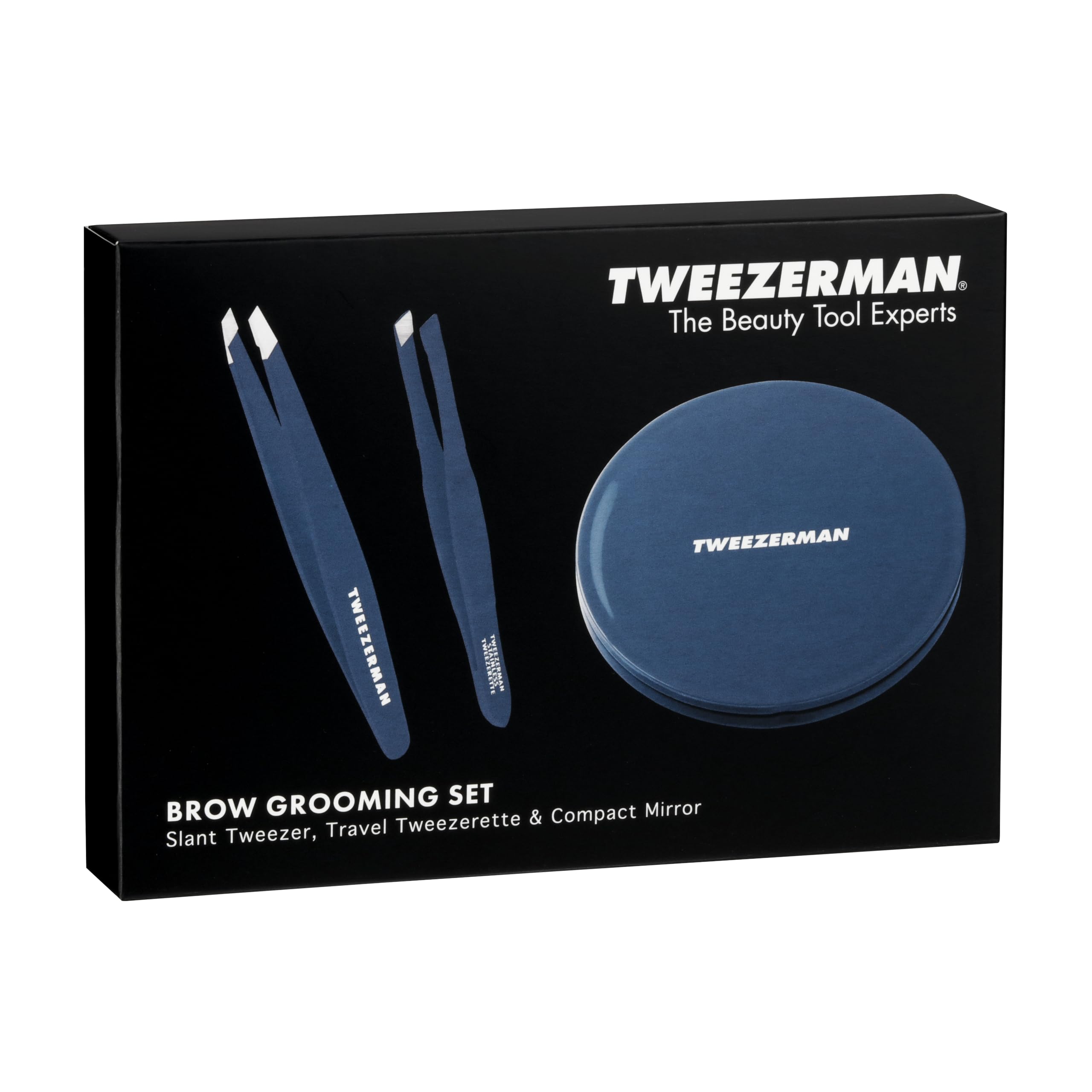 Tweezerman Juego de cejas y aseo – Espejo compacto, pinzas inclinadas y pinzas de viaje para mujeres y hombres