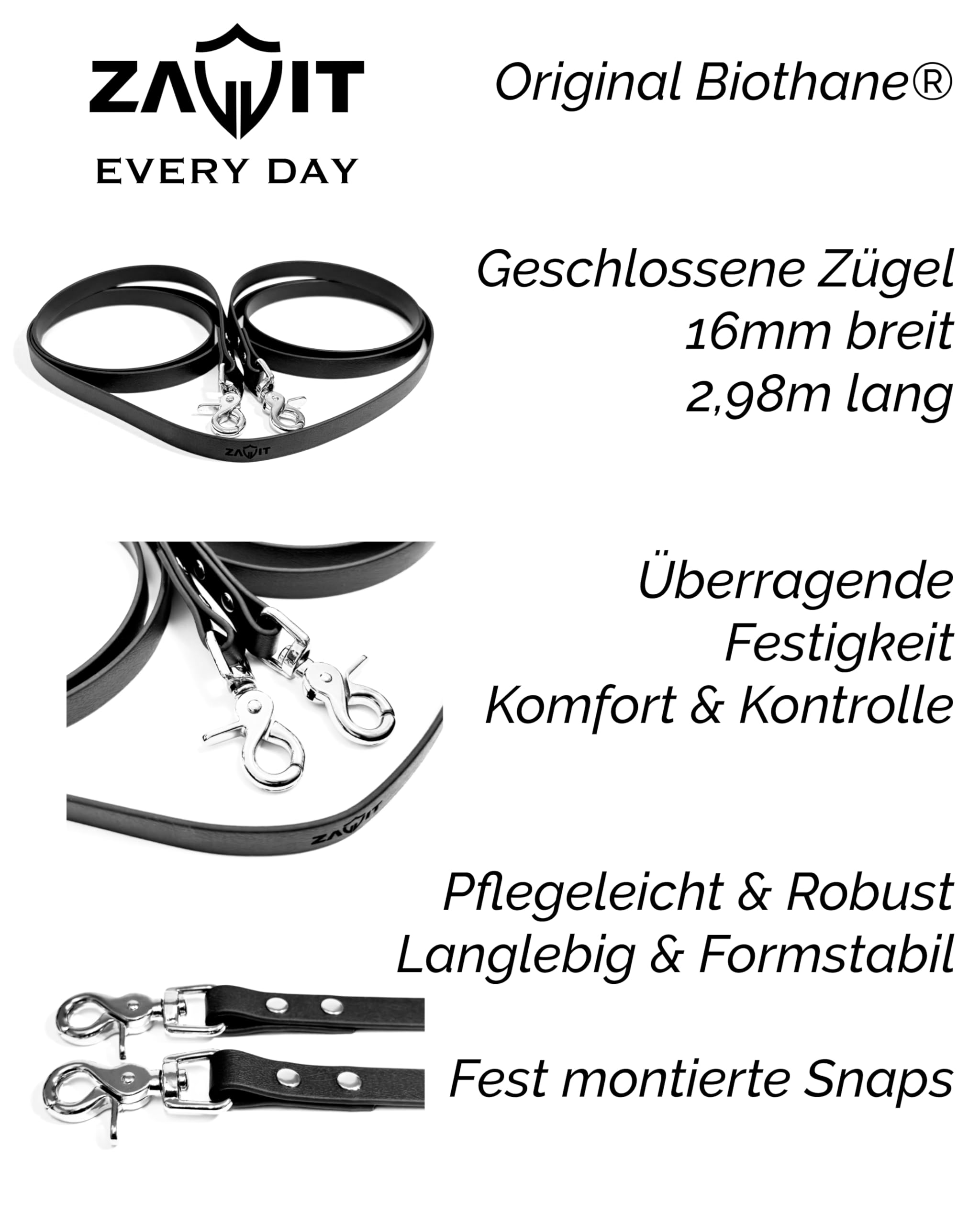 BioThane Zügel geschlossen mit Scherenkarabiner, 16 mm breit, 3 m lang, schwarz | weiche, Flache und Pflegeleichte Reitzügel ohne Stege für Training & Ausritt