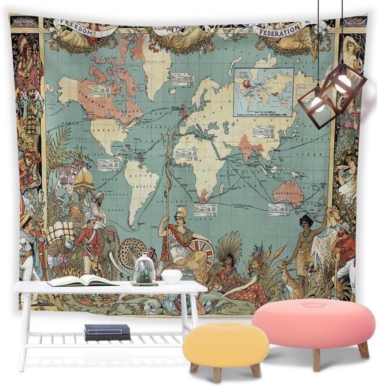 Tapiz de mapa del mundo para colgar en la pared para niños y estudiantes, 60 x 51 pulgadas, mapa del mundo con países y ciudades principales, tapiz