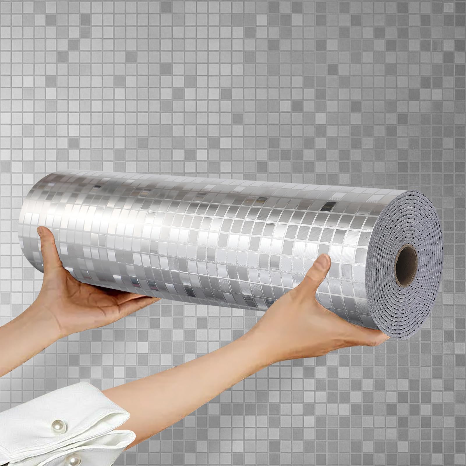 Takezuaa 3D Mosaic Self Adhesive Wallpaper 2.2mm Thick Vinyl Silver Mosaic Metallic Peel and Stick Wallpaper Mirror Reflective Texture for Bathroom Kitchen Splashback Spa Decor 8Roll 300x40cm