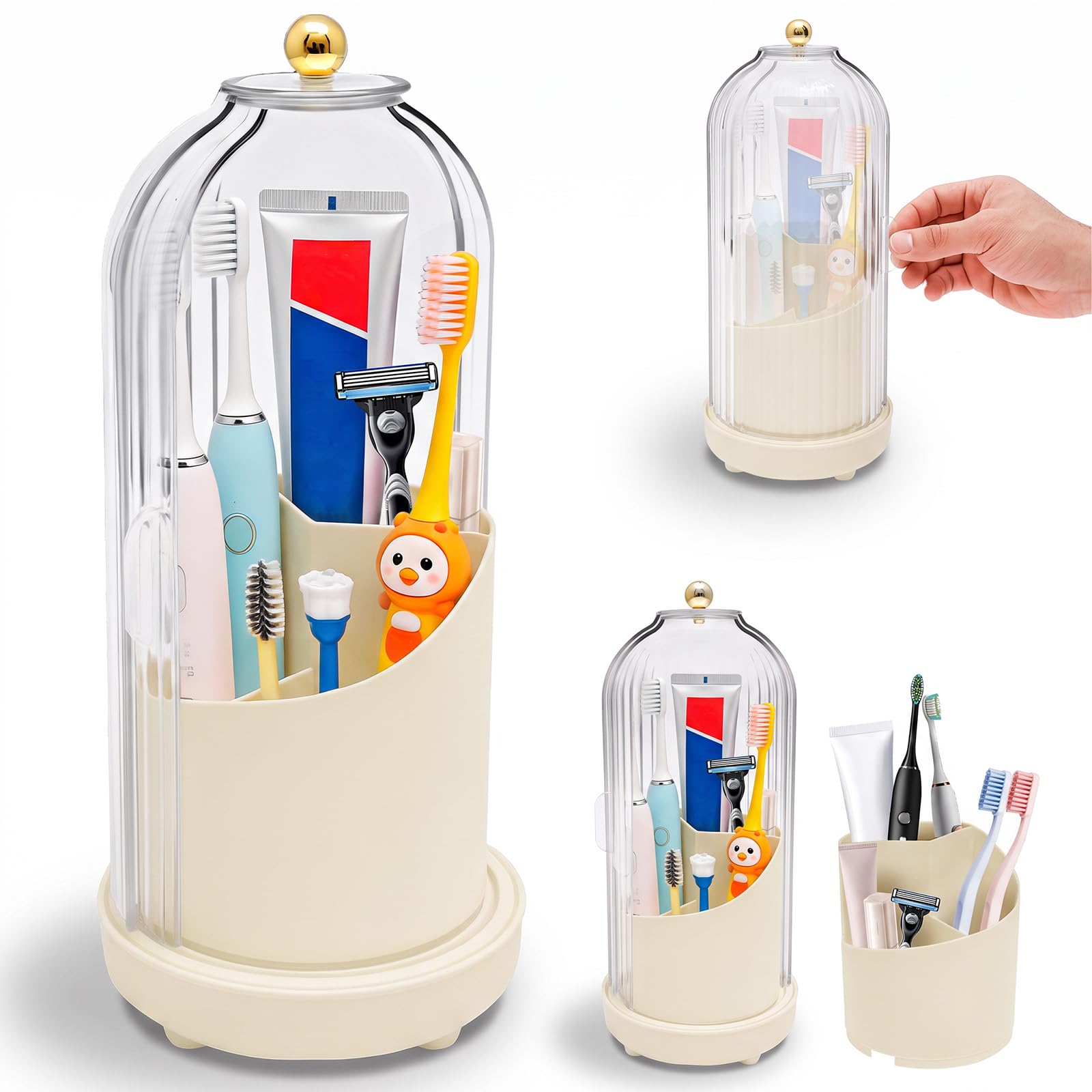 Toothbrush Holder with Cover 3 Slot Bathroom Vanity Organizer(Yellow)