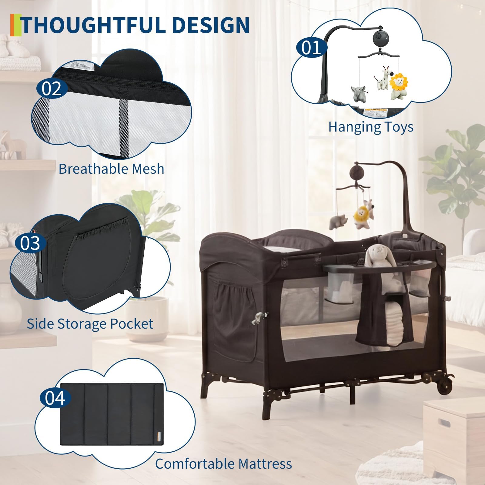 Garvee Babybett und Reisebett Baby mit Matratze, 5-in-1 klappbar Wiegefunktion Beistellbett Wickeltisch Spieluhr, Automatische Wiege Zum Einschlafen, mit Rollen atmungsaktive Netzfenster bis 15 kg