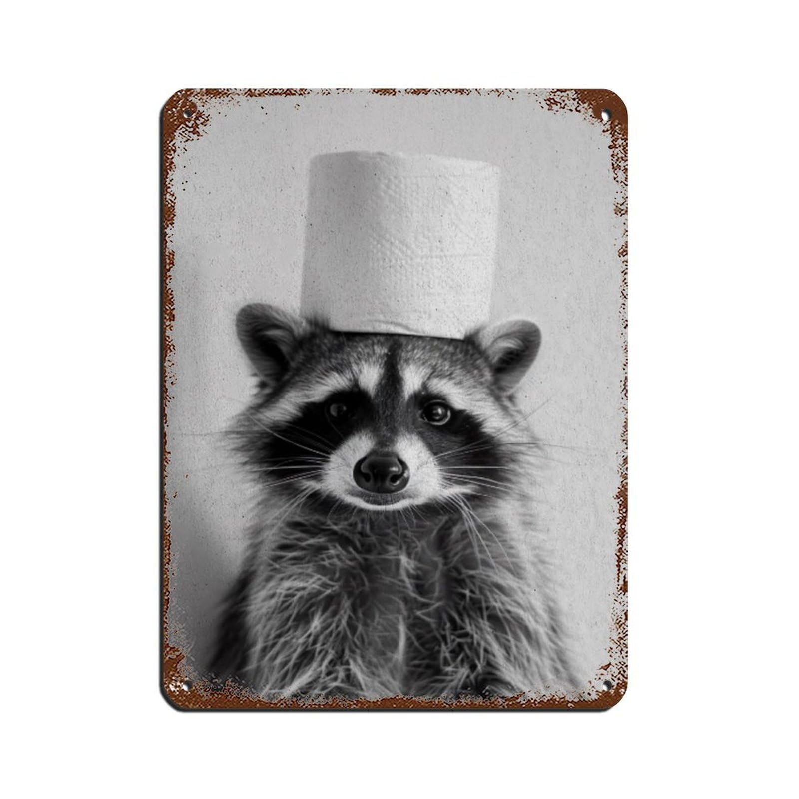 Raccoon with A Toilet Paper Roll on Head Tin Sign Vintage Metal Pub Club Cafe Bar Home Wall Art Decoration Poster Retro 12x16inch(30x40cm)
