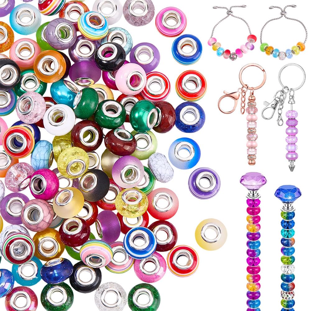 SUNNYCLUE 120Pcs 6 Styles European Colorful Beads Resin Large Hole Beads Bulk Silver Brass Double Cores Rondelle Fairy Garden Charms Spacer for Jewellery Making Necklace Bracelet Keychain Pens DIY