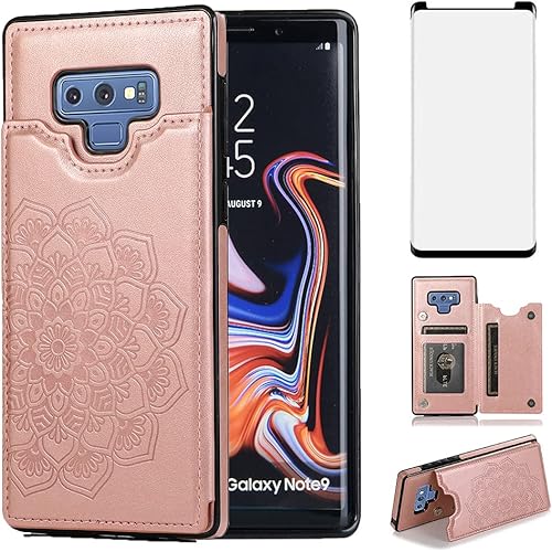 Funda para Samsung Galaxy Note 9 con protector de pantalla de vidrio templado, ranura para tarjetero de crédito, piel sintética, funda protectora