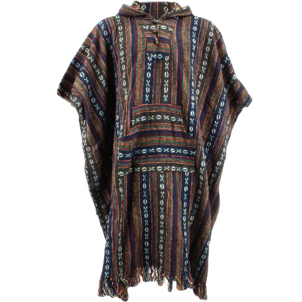 Loud Ponchos Brown, Green & Navy Woven Cotton Hooded Long Poncho By Loud