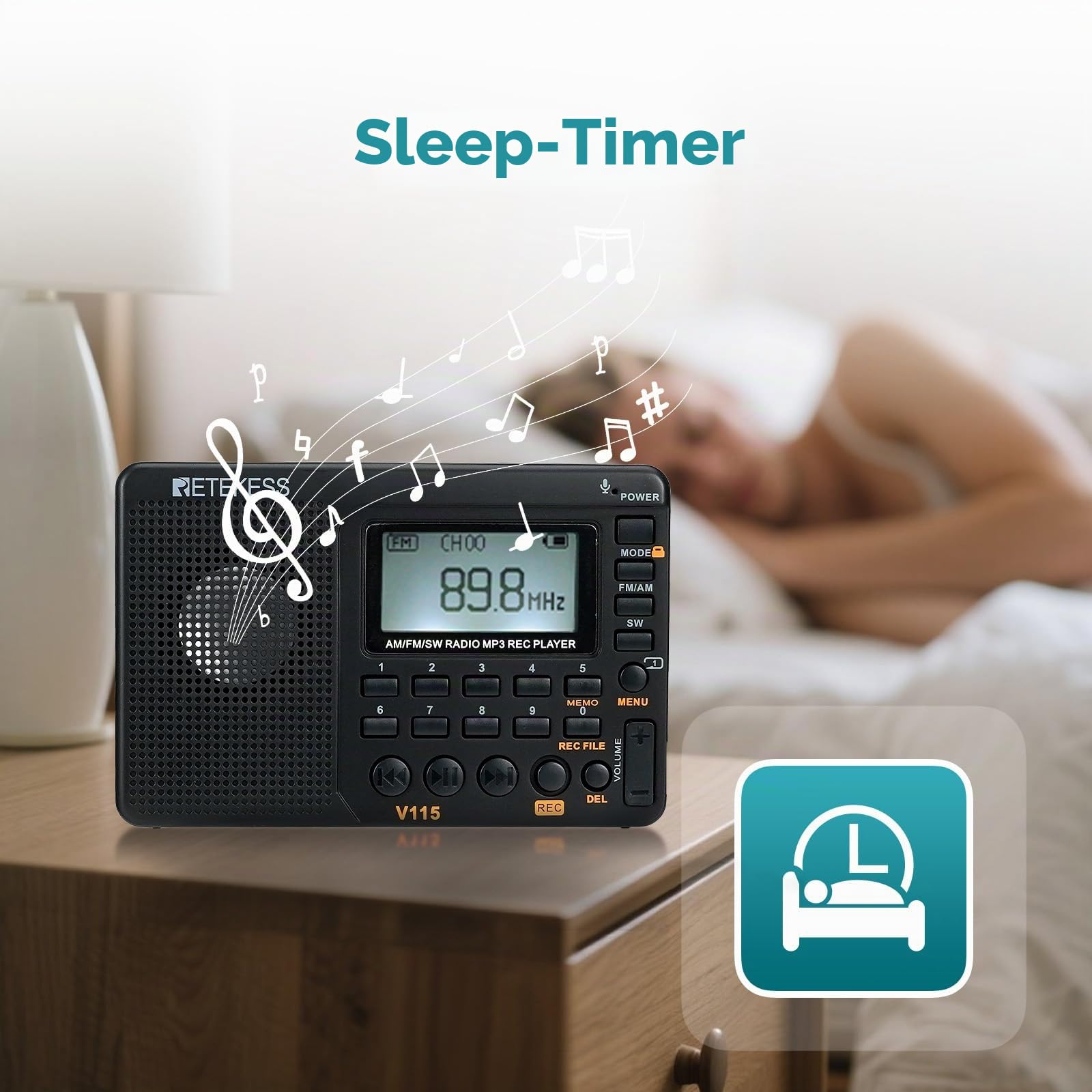 Retekess V115 Tragbares Digitales Radio,Petite Radio Rechargeable,Radio AM FM SW,1000mAh Wiederaufladbare,100 Stationsspeicher,3 Aufzeichnungsmodus,für Familie,Outdoor,Garten(Noir)