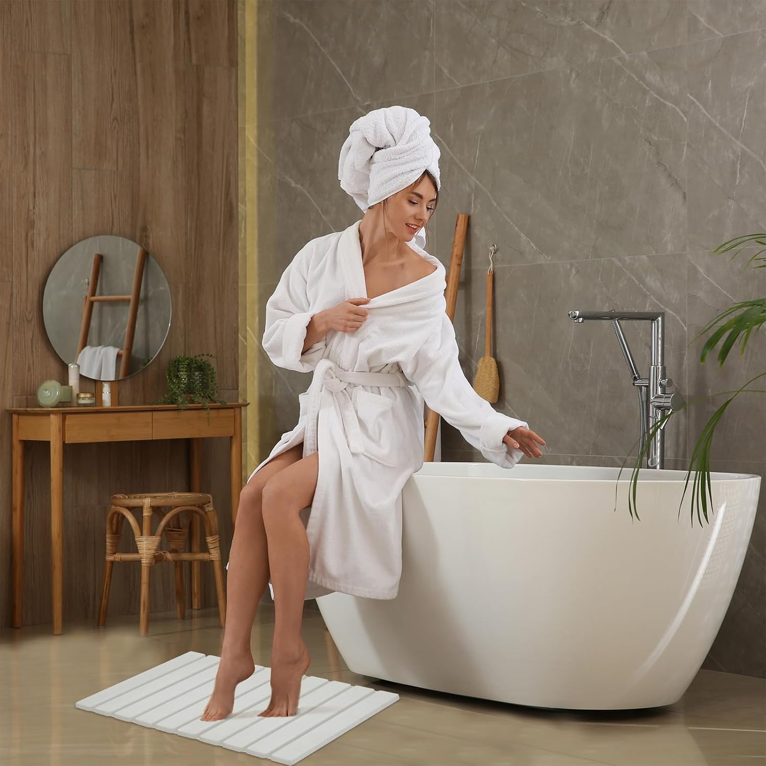 Foldable Stone Bath Mat, Non-Slip Diatomaceous Earth Bath Mat, Super Absorbent Quick Drying Bath Stone Mat, Sleek & Luxury Bath mat for Bathroom Kitchen Bathtub, 23.4 * 15.4" White - 2 Pack