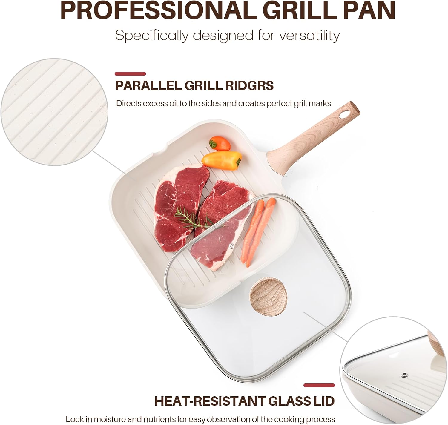 Kordisen Nonstick Grilling Pan with Lid for Stove Tops, 11 Inch Square Grill Pan for Indoor Cooking, Healthy Coating Grill Skillet with Pour Spouts, Versatile Griddle, Induction Steak Pan, White
