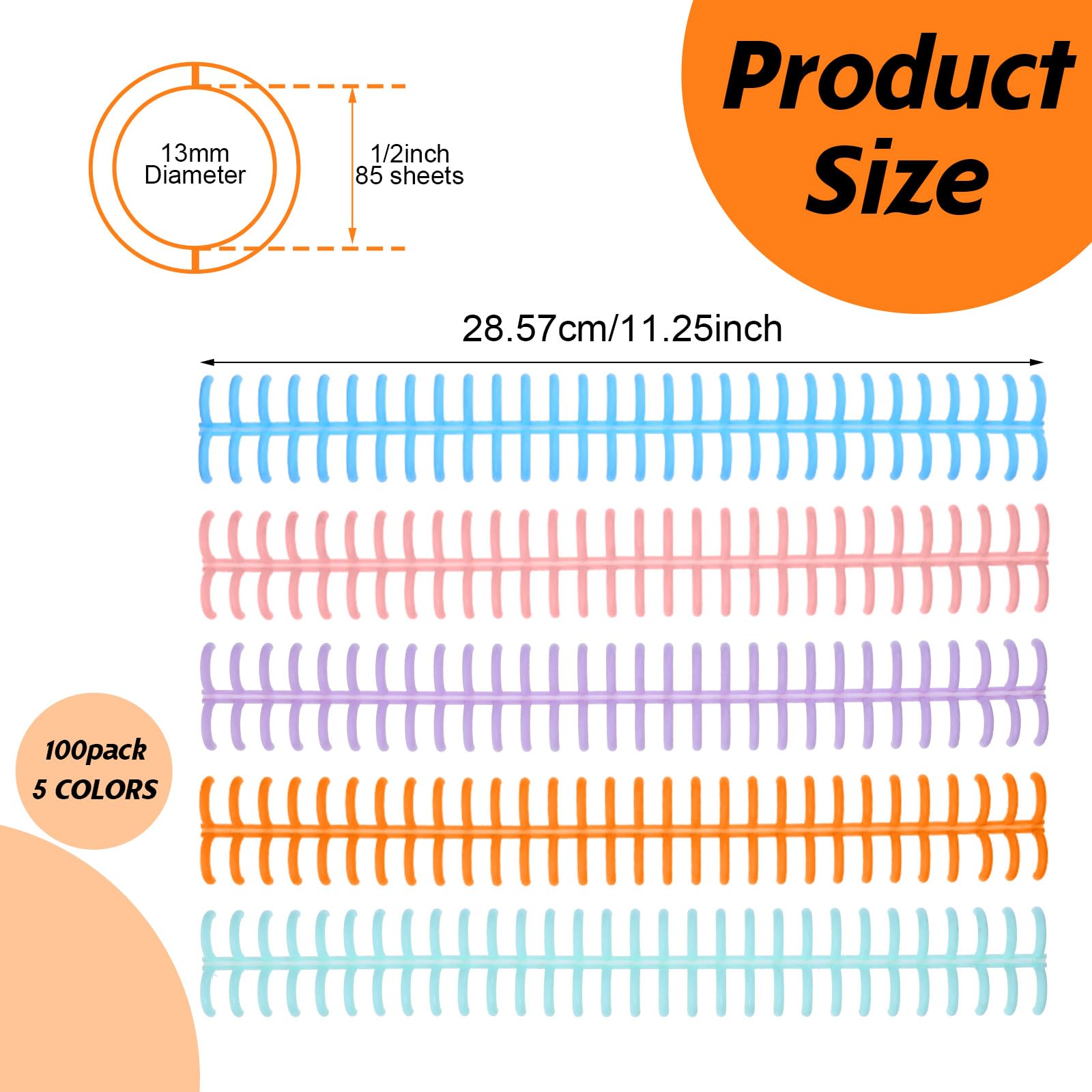 Lot de 100 peignes de reliure en plastique de 1,27 cm de diamètre, 30 anneaux de reliure en plastique, faciles à modifier pour enseignant, étudiant, documents, cahiers, fichiers, capacité de 85