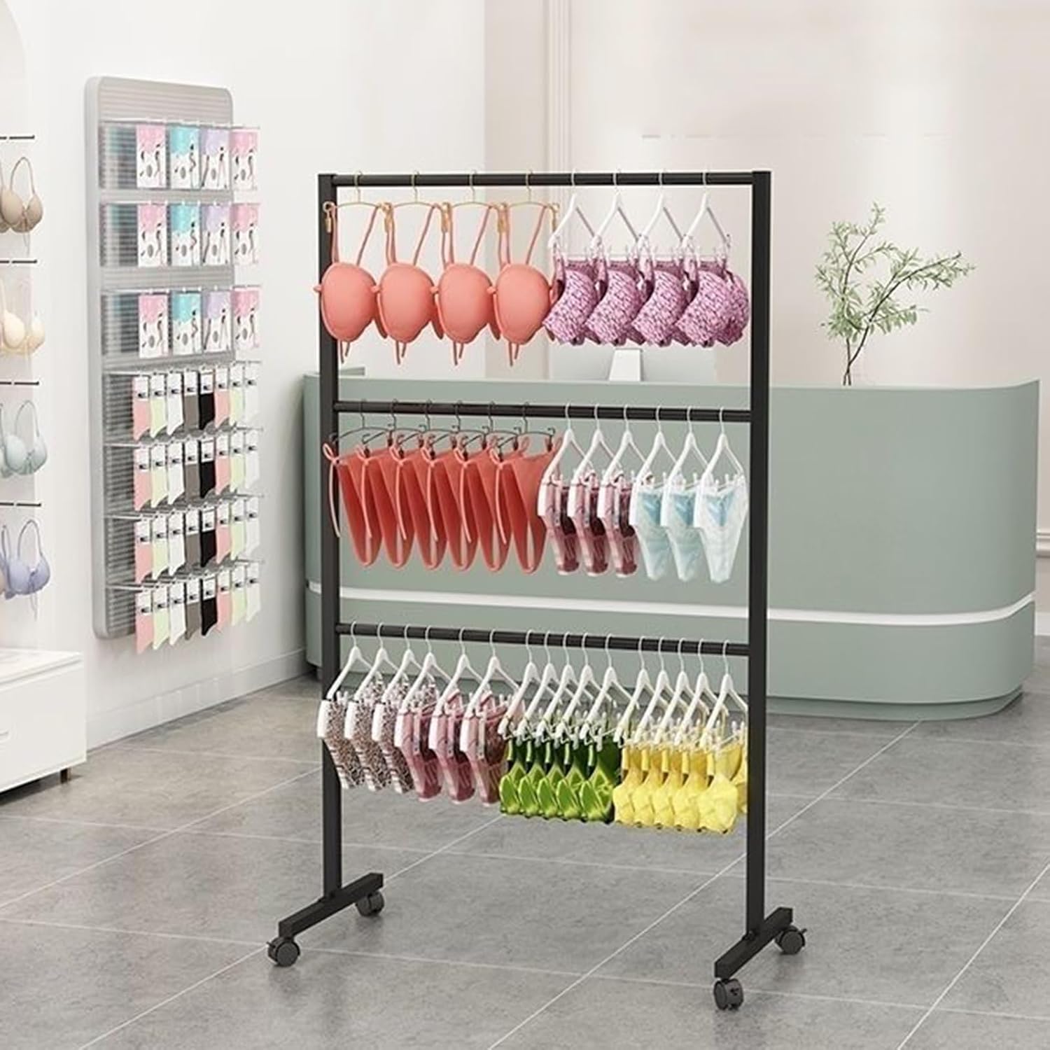 Commercial Underwear Display Stand, 3 Tier Metal Hanger Rack with Wheels for Bra Sock Lingerie, Heavy Duty Retail Store Fixture for Boutique and Market(Black,80x40x130cm/31x16x51in)