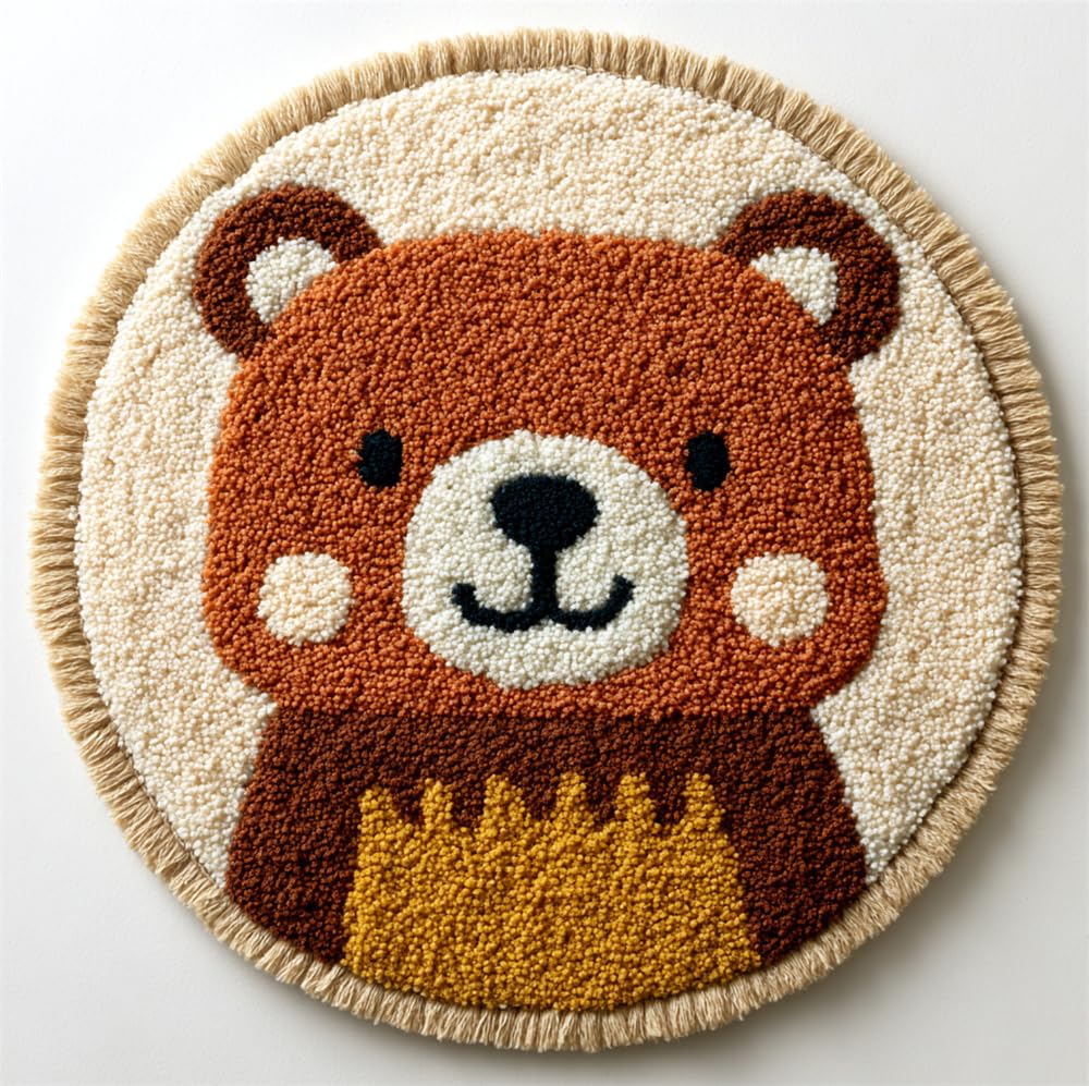 kitphoenix Rug DIY Crafts Yarn Carpet Round Shape Cute Bear 20X20Inch (50X50Cm) Latch Hook Rug Crochet Kits for Beginners Adults