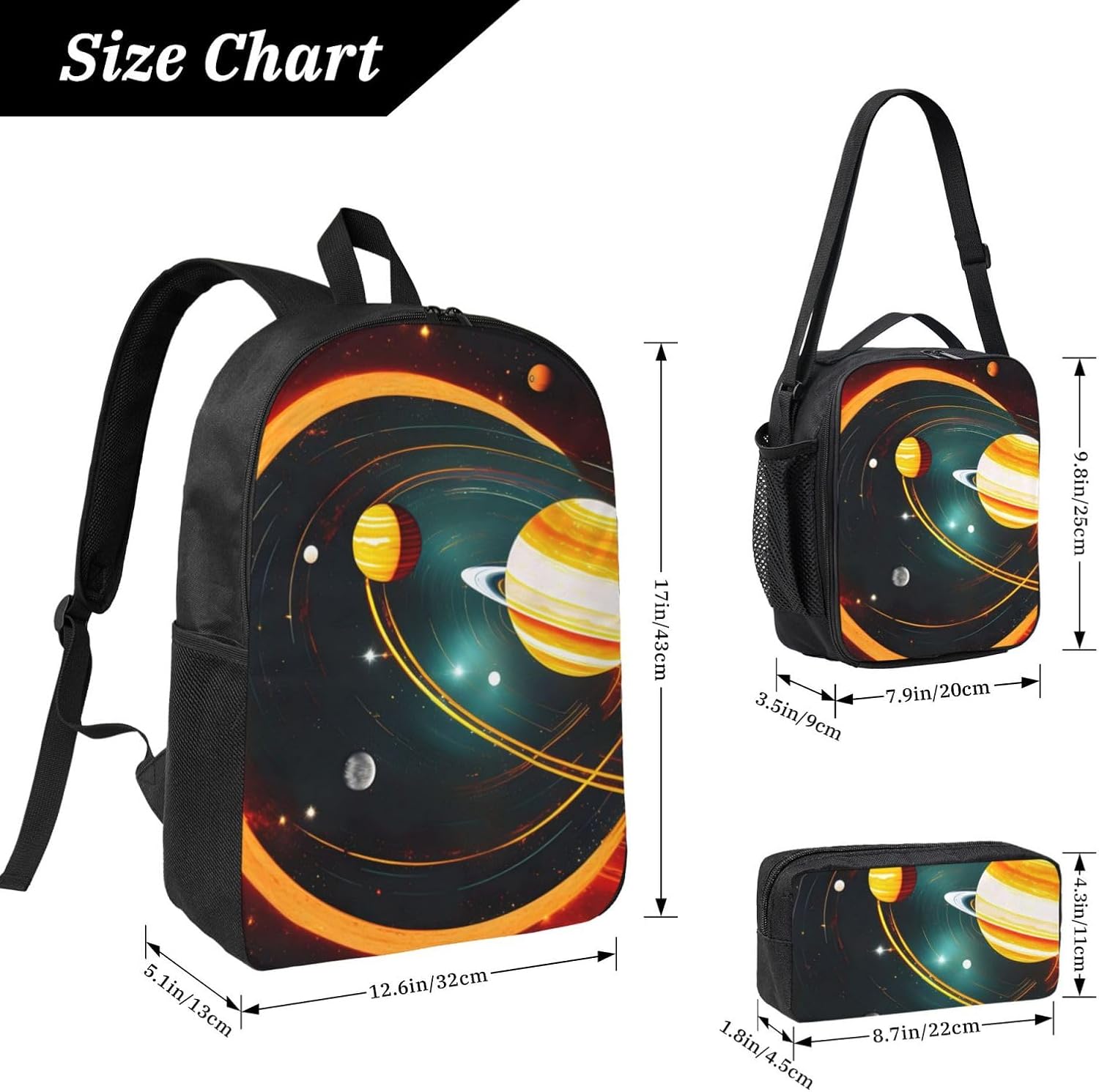 Solar System Jupiter Saturn print 3 Piece Backpack Bags with Lunch Box Pencil Case Set for Travel Work Camping Unisex