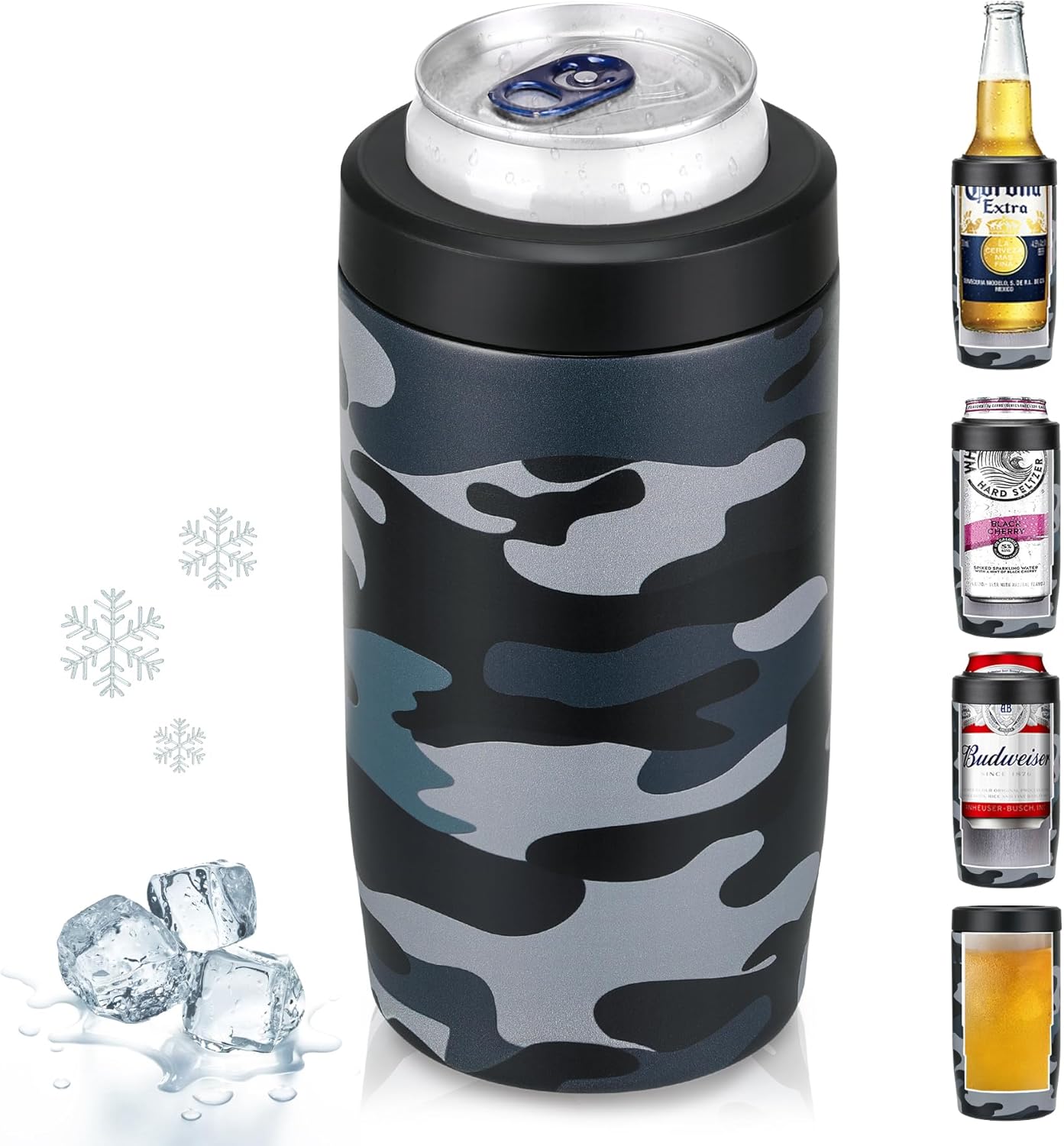 MAXSO Slim Can Cooler, 4-in-1 Double Walled Stainless Steel Insulated Beer Can Holder, Works With All 12 Oz Cans,Bottles & As A Pint Cups - Camouflage