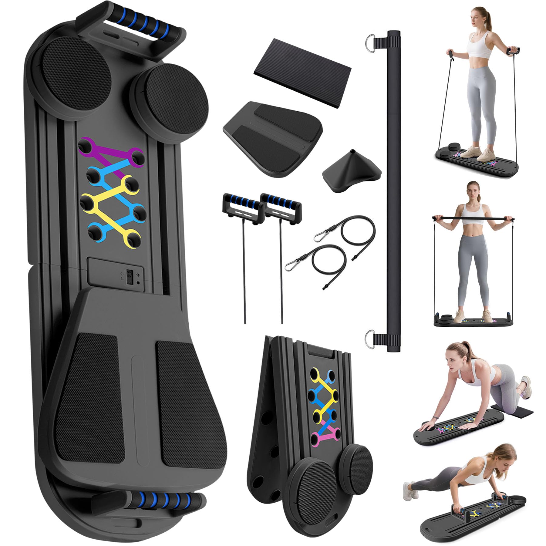 Pilates Board, Pilates Reformer Set, 6-in-1 Portable Foldable Ab Board Trainer Exercise Machine for Home with Digital Display, Pilates Reformer Board for Women