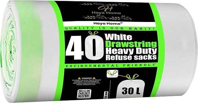 Haya Home 30L Litre 40 Drawstring Extra Strong Kitchen Bin Liner Heavy Duty Bin Bags White Plastic Refuse Sacks tie top handle large Waste Dustbin Bags for Kitchen Home Office DIY Garden