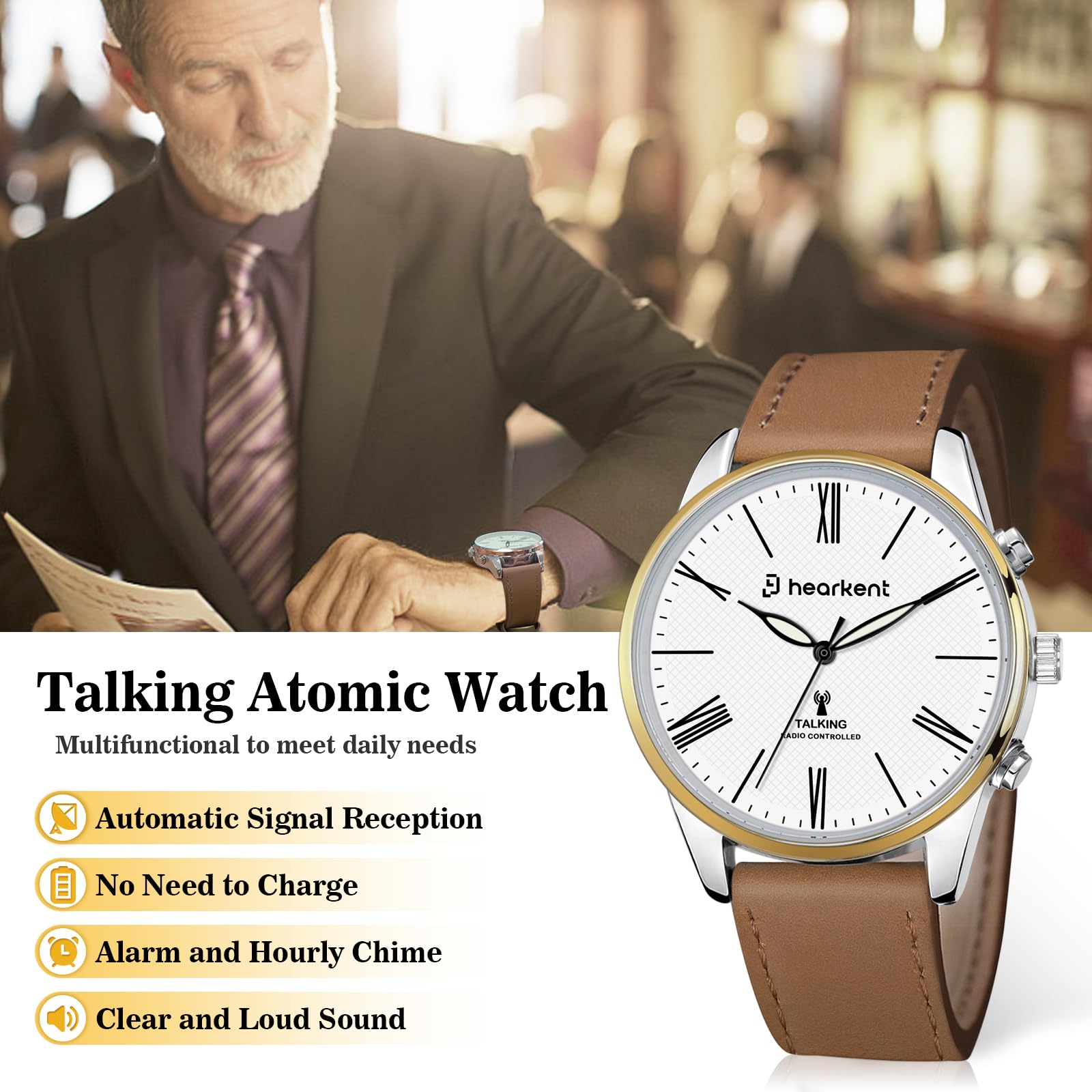 Hearkent Sprechende Uhr für Sehbehinderte, Zeit und Datum, Herren-Armbanduhren, automatische Zeitanpassung, Geschenke für Blinde, Senioren Männer mit Lederband