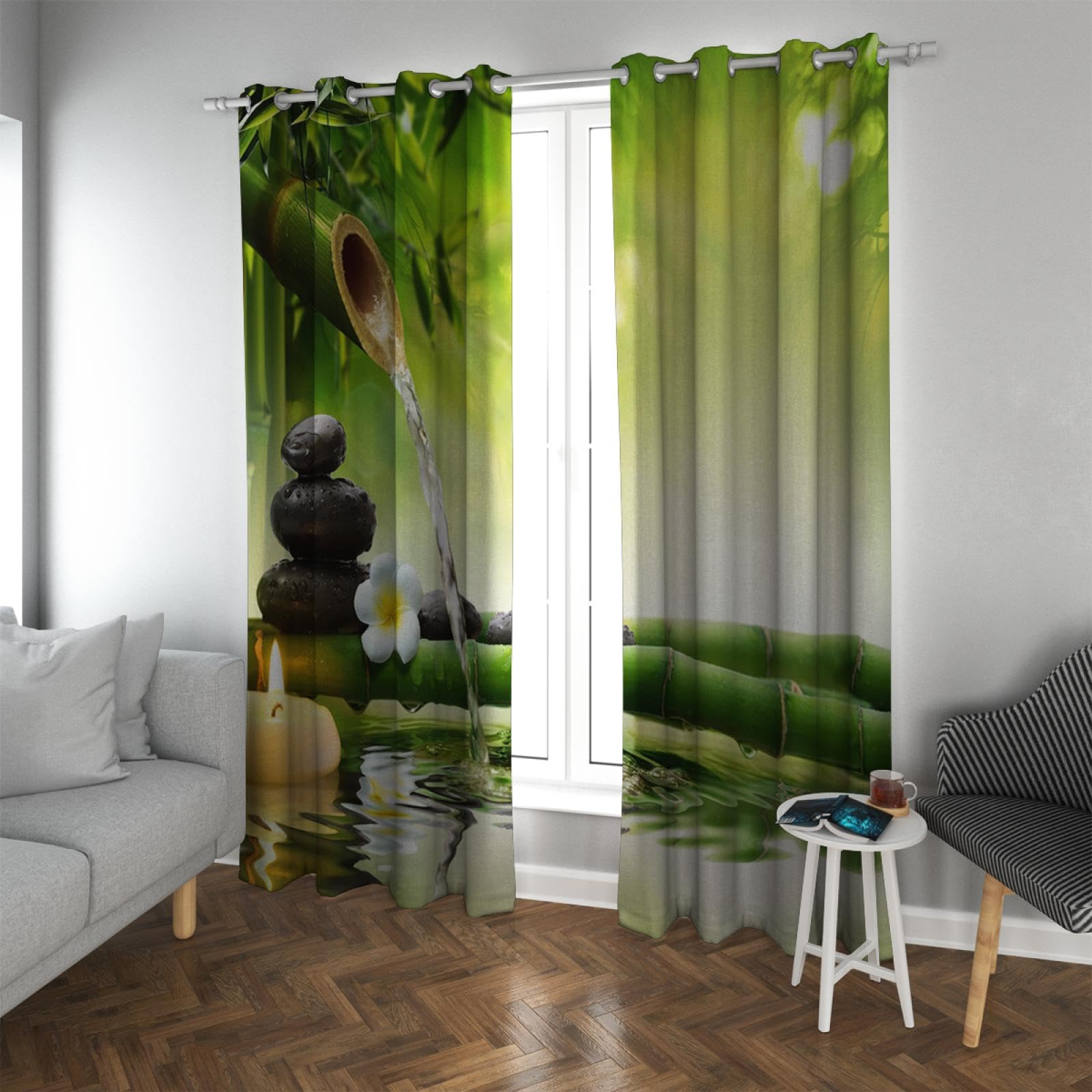 Rustykalna Zen Ogród Czarny Kamień Zasłona zaciemniająca do Sypialni Bambusowa Zielona Dekoracja Okienna do Dekoracji Wnętrz Zasłony Termiczne 102 x 137 cm, 2 panele