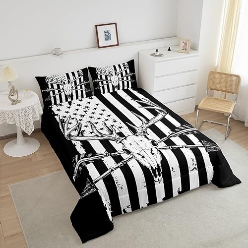 Miniatura 4 de Erosebridal Juego de ropa de cama con la bandera americana, tamaño Queen, diseño de cuernos de ciervos y cuernos de cráneo, diseño bohemio con
