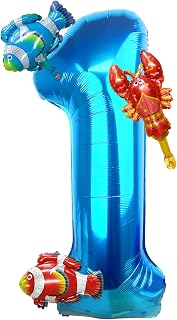 40 Inch Under the Sea Blue Number 1 Balloon, Mini Sea Animal Balloons Ocean Animal Foil Balloon, Fish Crawfish Balloons for Boys Girls Ocean Theme 1st Birthday Baby Shower Party Decoration