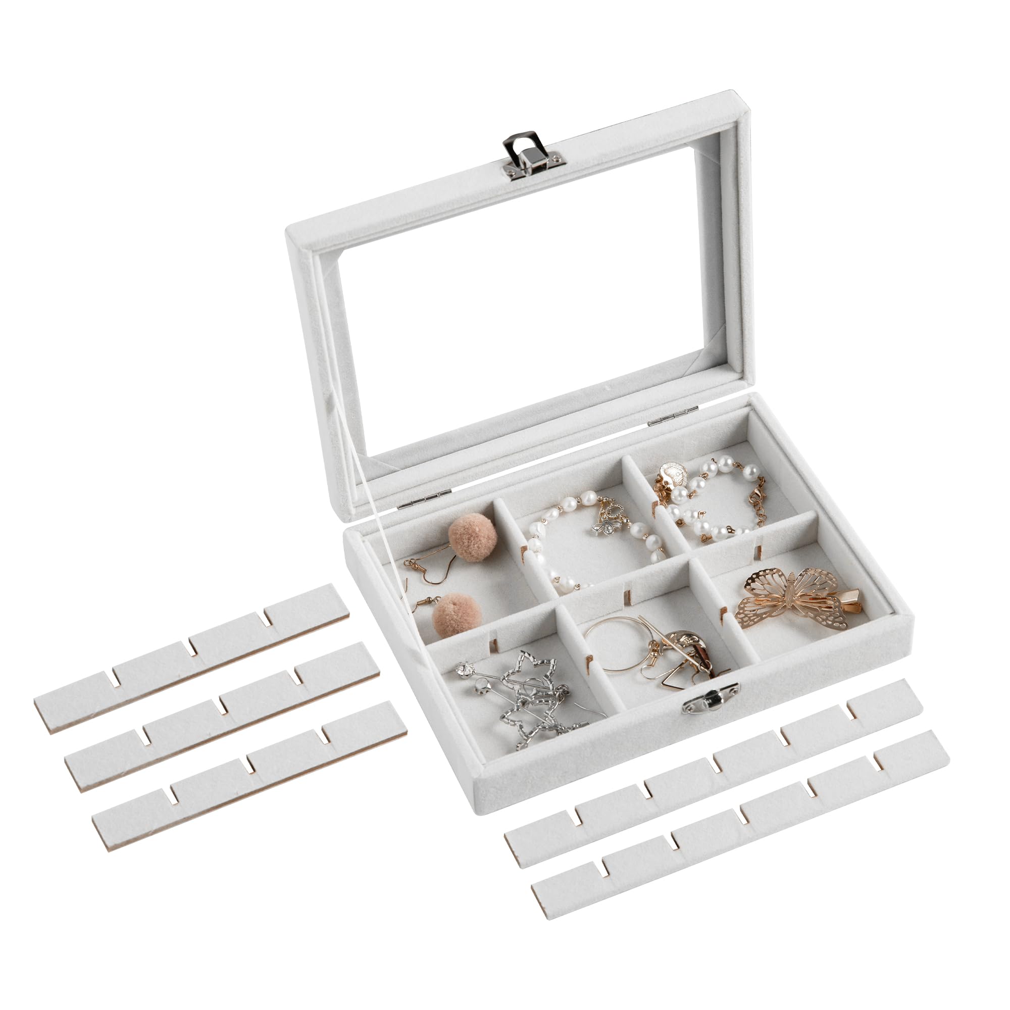 Frebeauty Bandeja de joyería de 24 rejillas, organizador de aretes de terciopelo, organizador de joyas pequeño con tapa transparente, organizador de aretes con cerradura, cajas de joyería y soporte