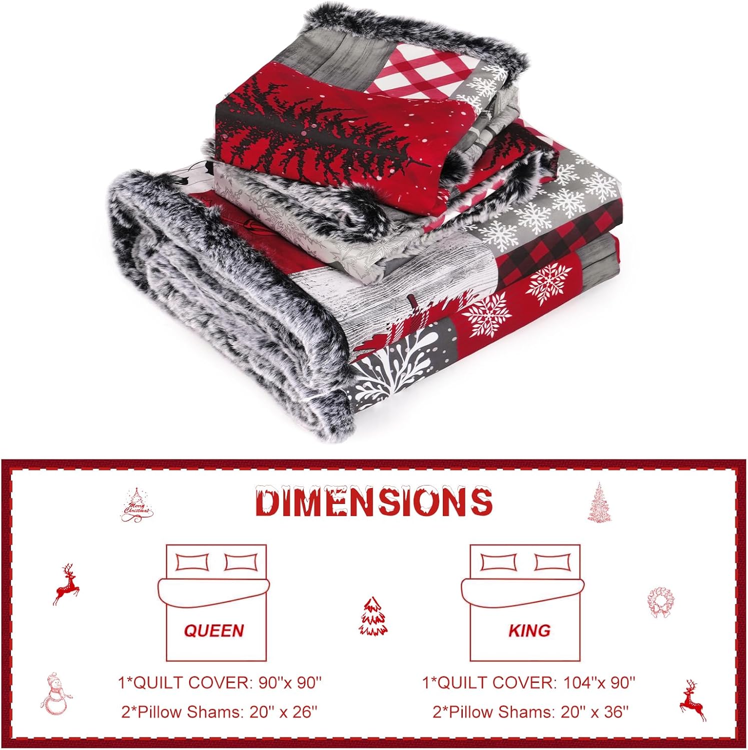 FRAMICS 3 Piece Christmas Duvet Cover Queen Set - Soft Double Brushed Retro Queen Duvet Cover with Faux Fur Edge, Red Buffalo Plaid Comforter Cover Set, 1 Duvet Cover 90 x 90 inch and 2 Pillow Shams
