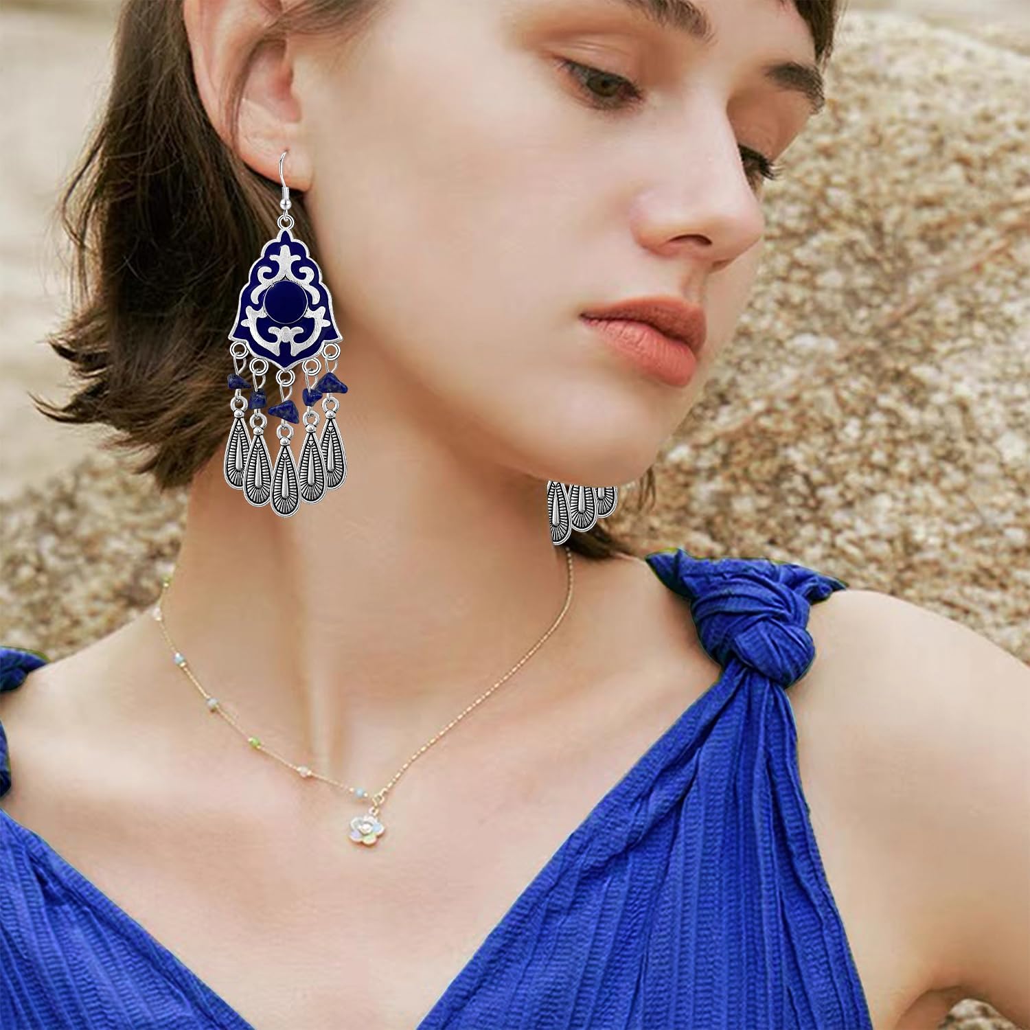 Bohemian Dainty Crystal Teardrop Vintage Sliver Fringe Lightweight Dangle Drop Earrings Ethnic Enamel Flower Tassel Hook Earrings For Women Jewelry Gifts - Image 2