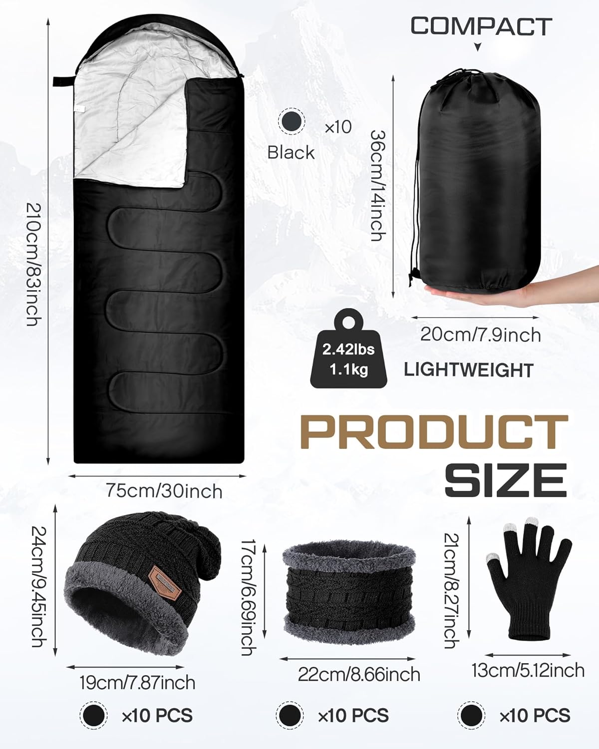 40 Pcs Bulk Sleeping Bags Adult for Homeless, Sleeping Bags Cold Weather Waterproof with Winter Hats Gloves Scarves and Mittens for Camping Emergency Use - Image 2