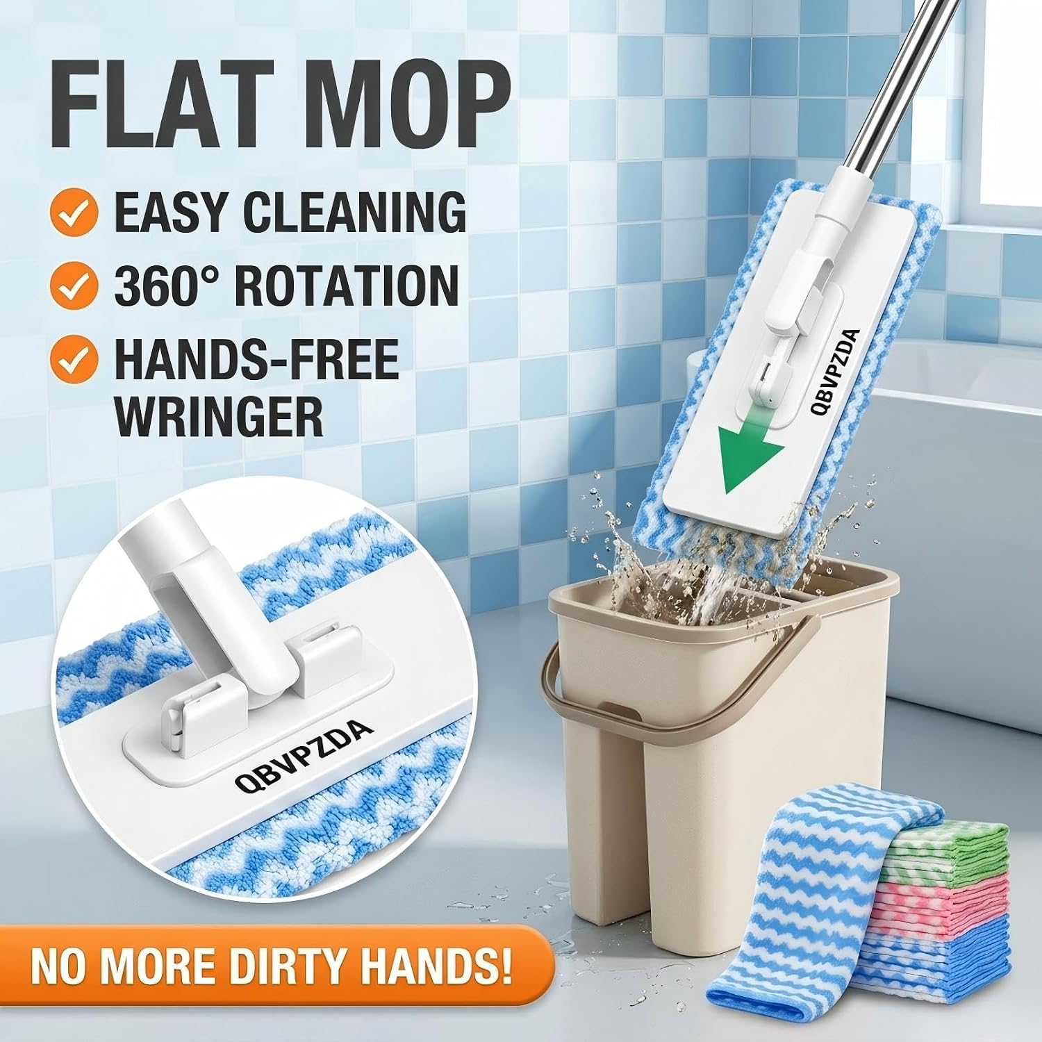 Convenient Cloth Changing Mini Mop Flat Push Design, Lazy Portable Self-Squeeze Mop Set, Wall-Mountable Durable Handle & Non-Slip Grip, Reusable Pads for Home Use with 5 Cloths Included