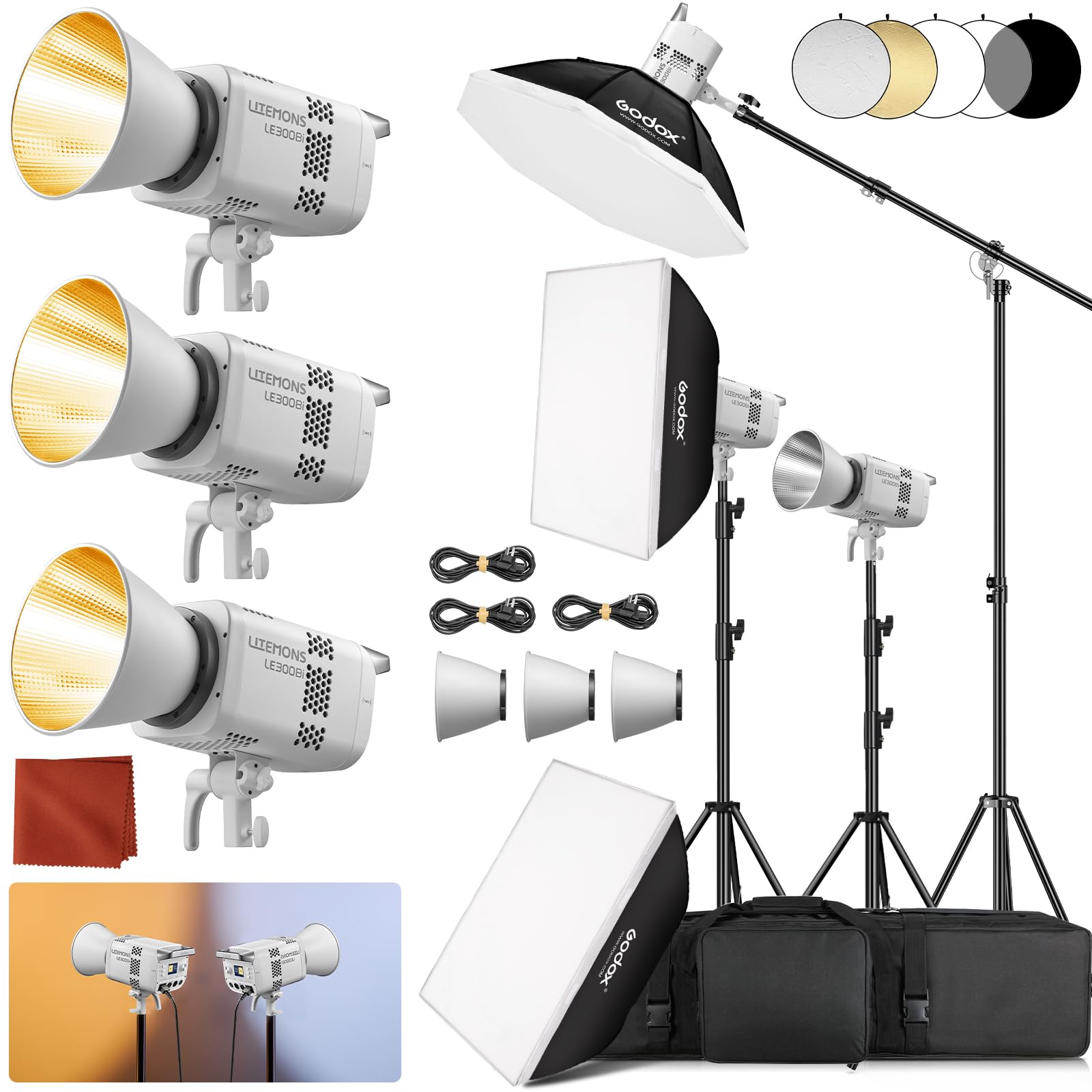 GODOX Zestaw oświetleniowy LE300Bi, Godox Litemons LE300Bi lampa wideo ze stojakiem Softbox, uchwytem Bowens, sterowanie aplikacją DMX/Bluetooth, połączenie NFC, 2800K ~ 6500K, 58900Lux@1m, CRI/TLCI98