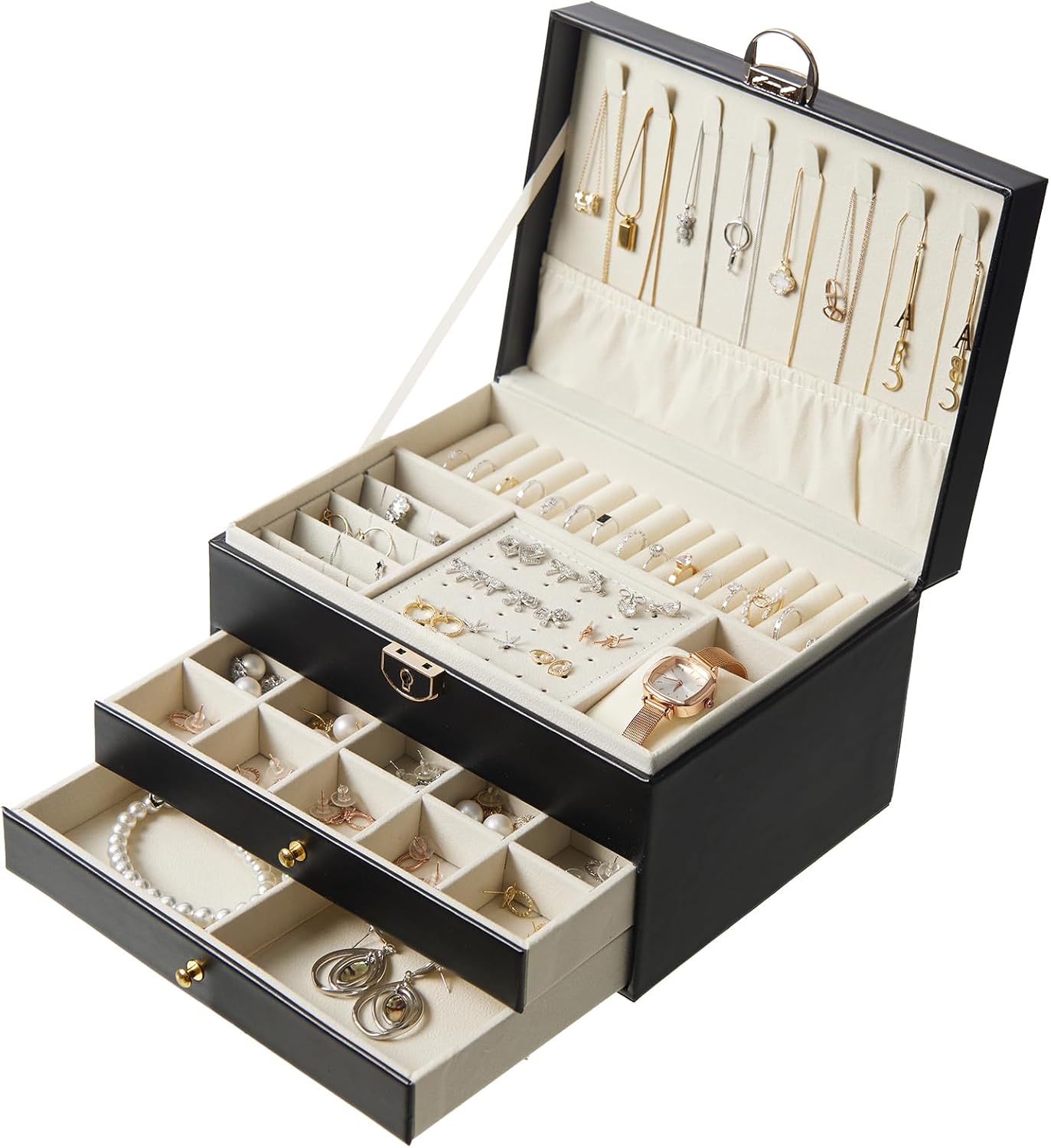 3 Layer Jewelry Box with Lock, Women Large Jewelry Holder Organizer with Drawer for Necklaces, Rings, Bracelets, Earrings, Watches, Valentines Gift for Mom Girl Wife (Black)