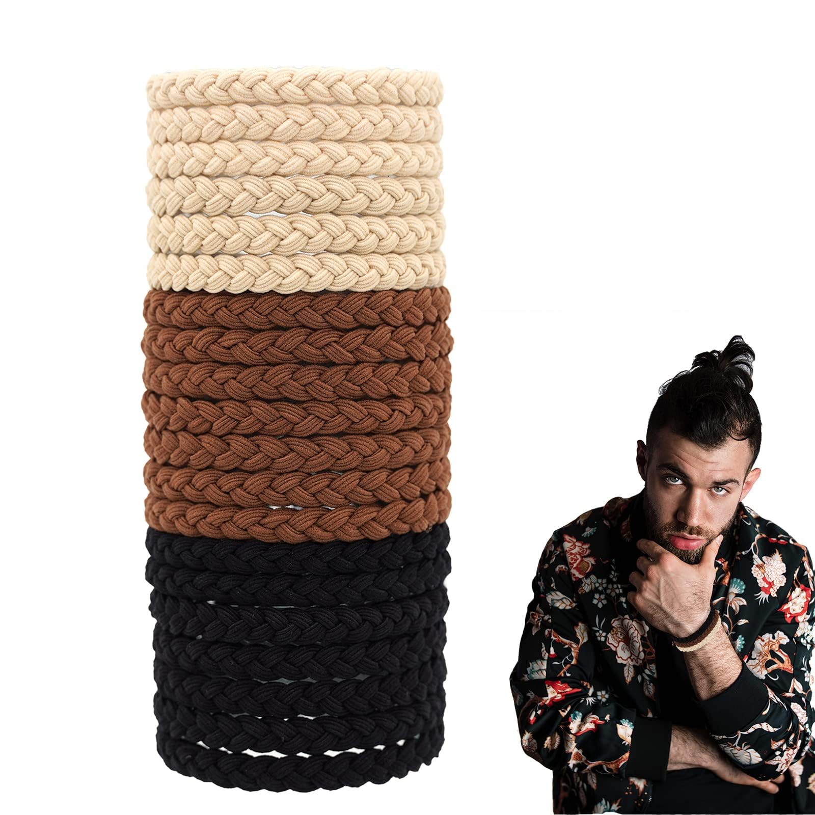 15Pcs Hair Ties for Men, Braided Hair Ties for Men, 3 Colors Black Beige Khaki Non-Slip Elastic Hair Bands, Rip-Resistant No-Damage Hair Accessories for Thick Curly Long Hair Daily & Sports Use-image-31