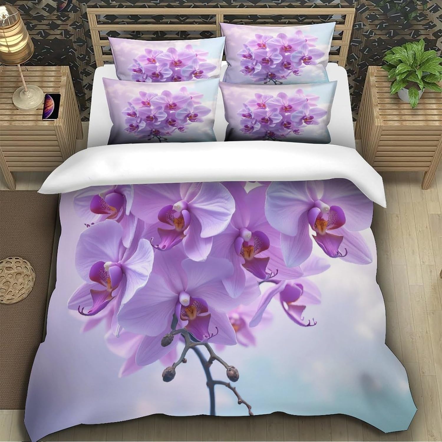 Funda Nordica Cama 135/150 Orquídea Phalaenopsis Ropa de Cama 3D Flores MoradasMicrofibra Suave 3 Piezas Include 1 Fundas Nórdica 135x200 cm y 2 Fundas de Almohada 50x75cm E-520