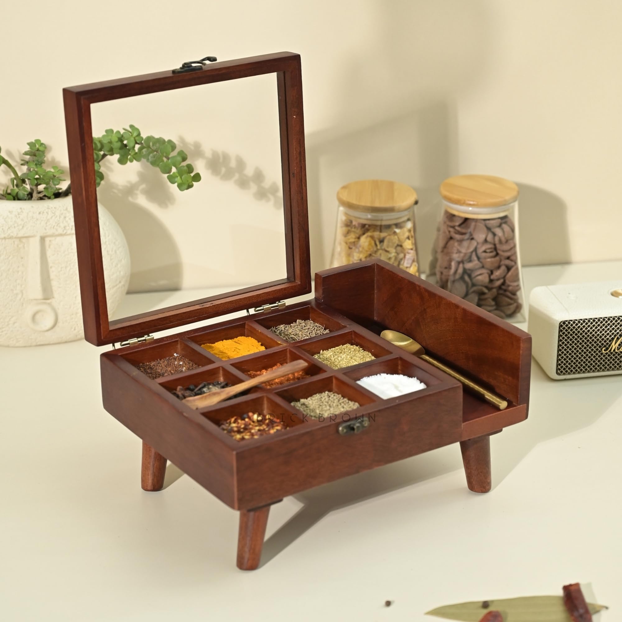 Premium Handcrafted Crafted 9-Compartment Wooden Table Top Masala Dabba Containers Jars & Kitchen Spice Box with Spoon Masala Box with Legs For Kitchen - 10.7x8x4.6 Inches