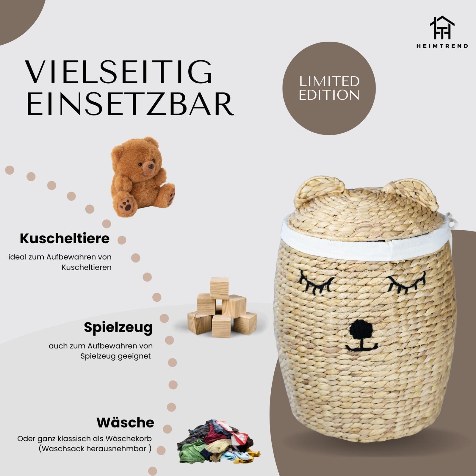 Aufbewahrungskorb/Spielzeugkorb/Wäschekorb geflochten [mit Deckel] - groß rund natur beige - Wasserhyazinthe Rattan - Wohnzimmer Kinderzimmer Schlafzimmer - Bär - Jetzt wählen