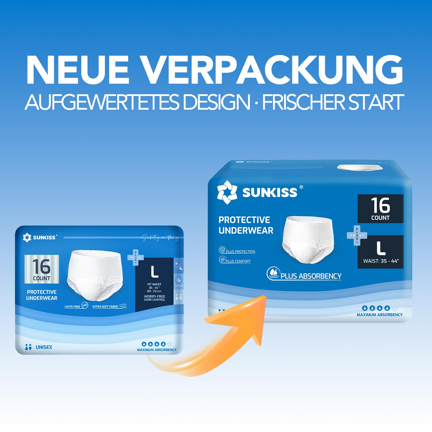 SUNKISS TrustPlus Inkontinenz Pants für Erwachsene, Saugfähige Windelhosen mit Elastischen Bündchen für Männer und Frauen, Diskreter Auslaufschutz bei Blasenschwäche, Größe L, 16 Stück