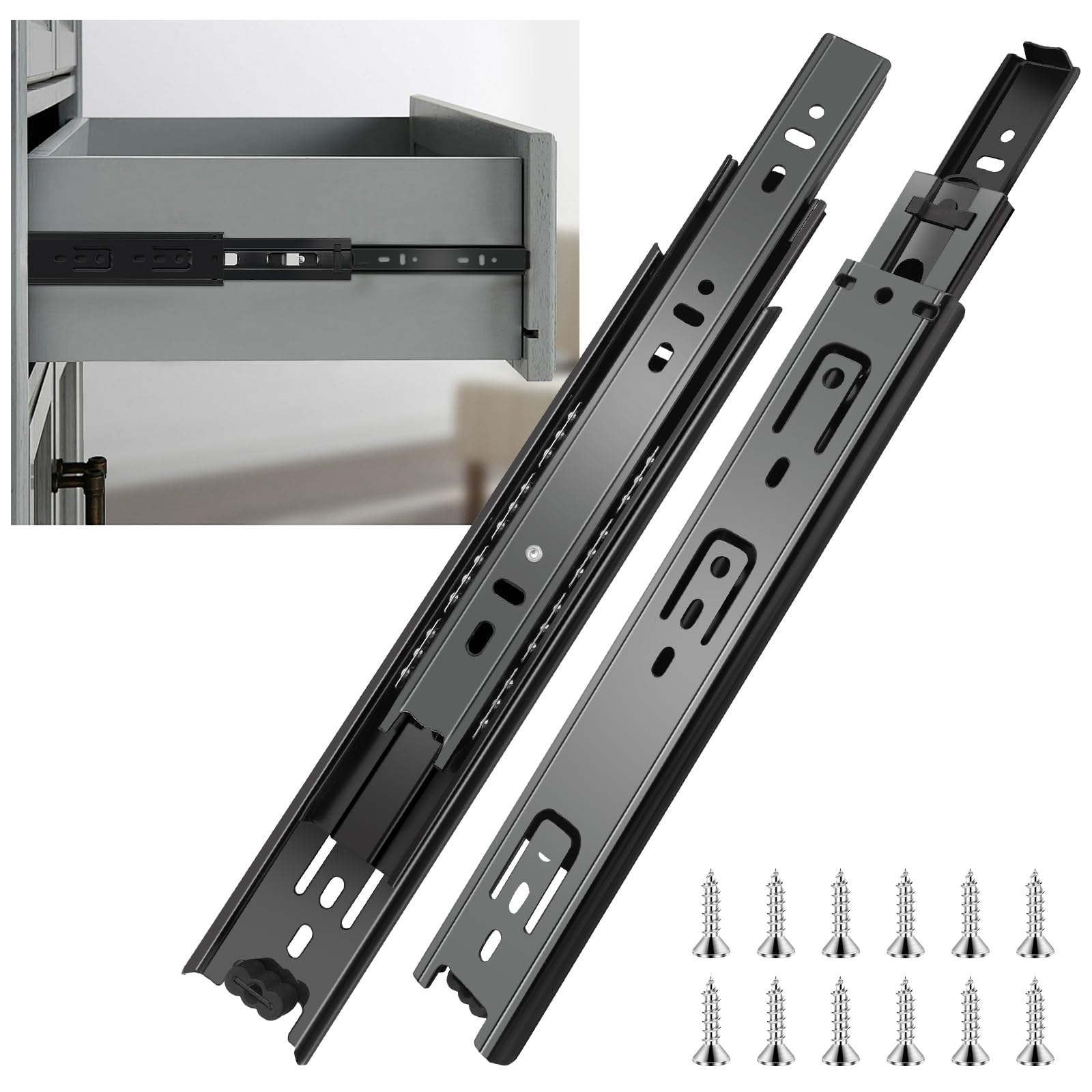 20 inch Drawer Slides 1 Pairs (2pcs) Full Extension Ball Bearing Drawer Slides 3 fold Full Stretch Side Mount Drawer Slides 100 LB Capacity Drawer Slide 20" Black
