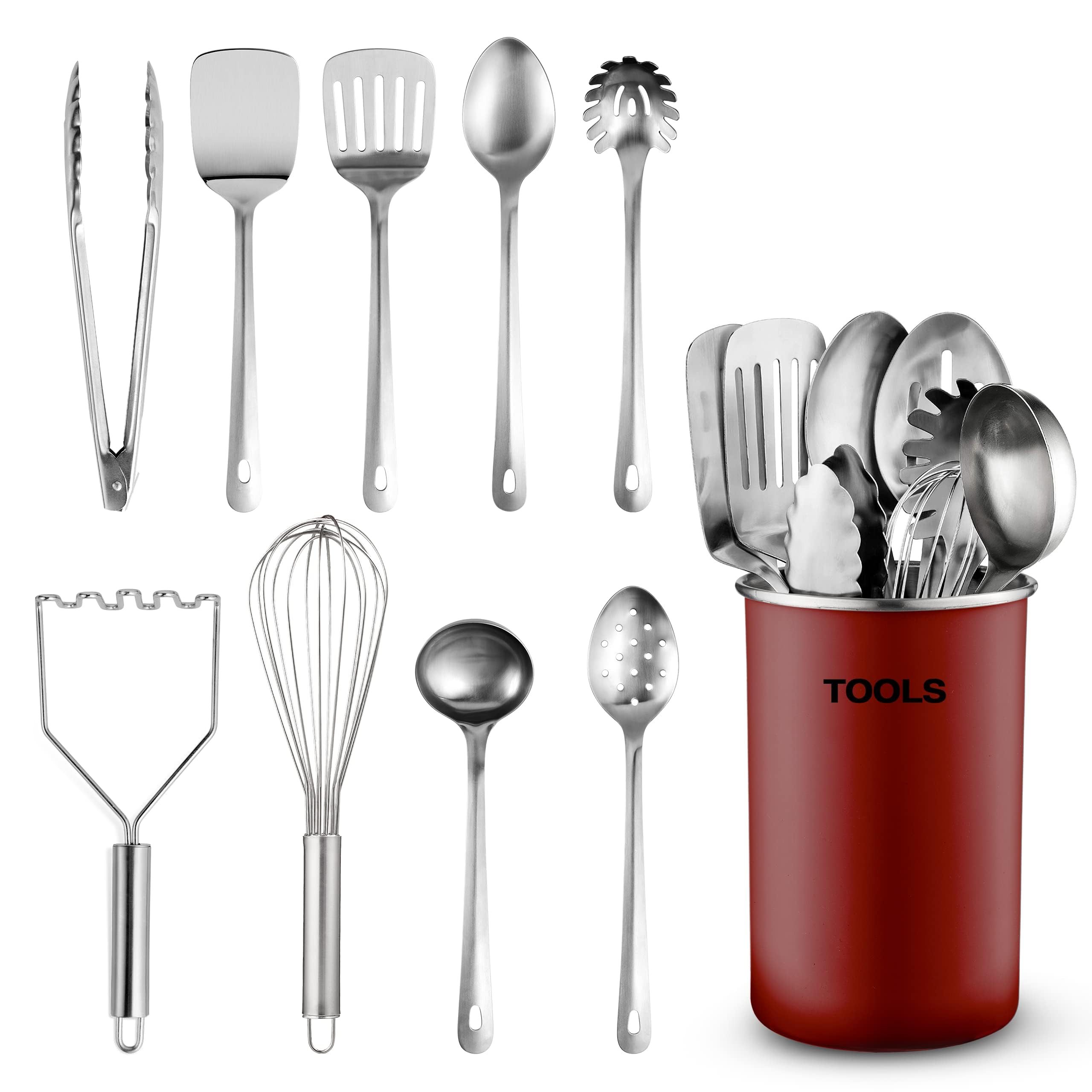 Kitchen Utensils Set - 10-Piece, Stainless-Steel Cooking Utensils w/Spoons, Whisk, Spatula, Tongs, Ladle, Masher & Cooking Utensils Holder - Kitchen Accessories, Gadgets and Tools (Red)