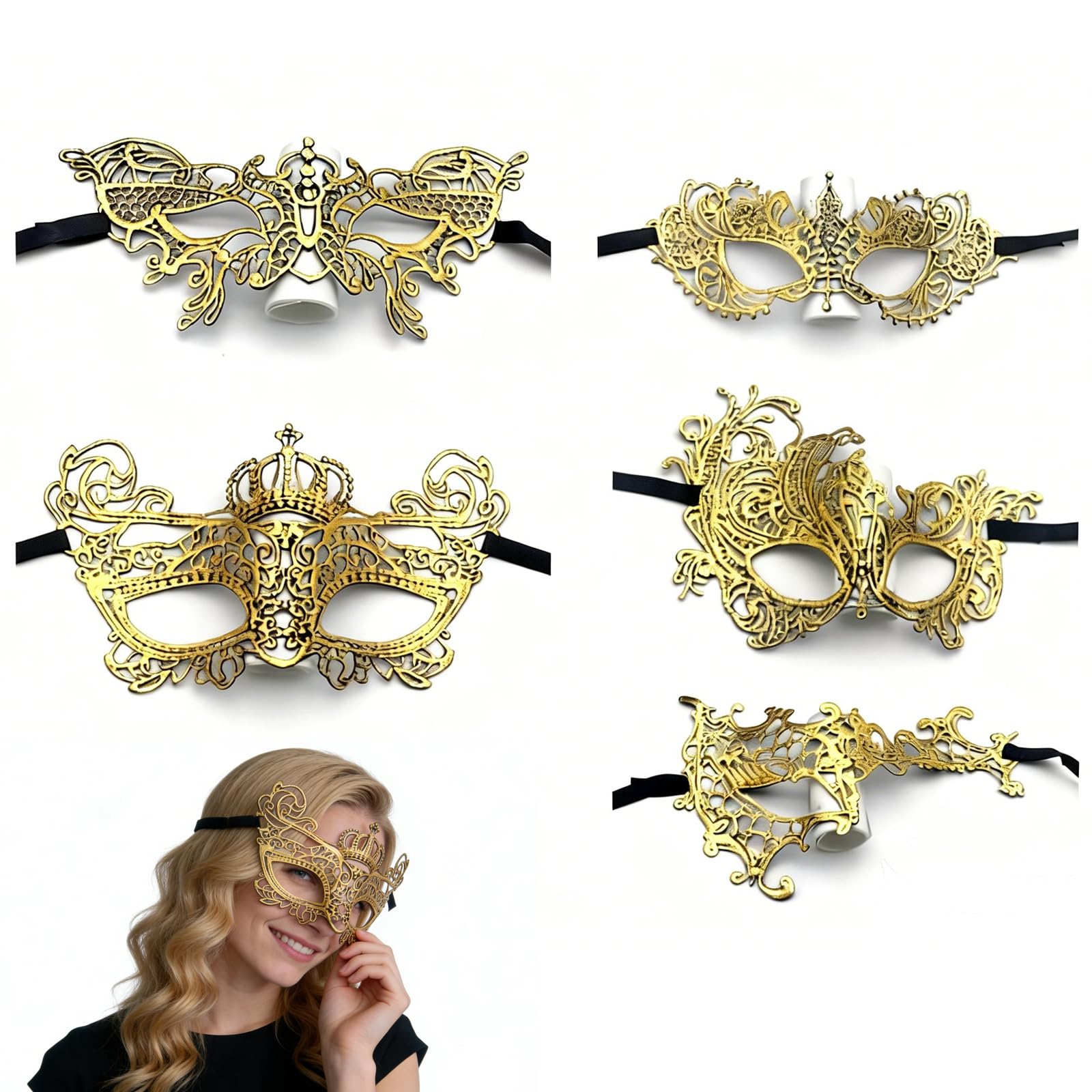 PMELCXD Masquerade Mask for Women Set of 5, Elegant Lace Designs with Butterfly, Crown, Phoenix, Single-Eye & Pointed Styles
