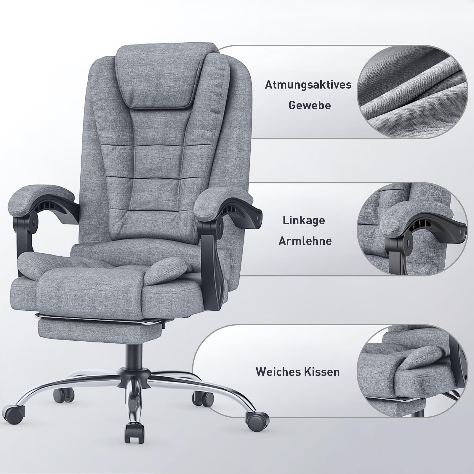 naspaluro Chefsessel Bürostuhl mit Fußstütze Ergonomischer Stuhl Stoff Grau | Schreibtischstuhl mit Hoher Rückenlehne Gepolsterter Armlehnen und Höhenverstellbar Neigefunktion, 360° Drehstuhl für Büro