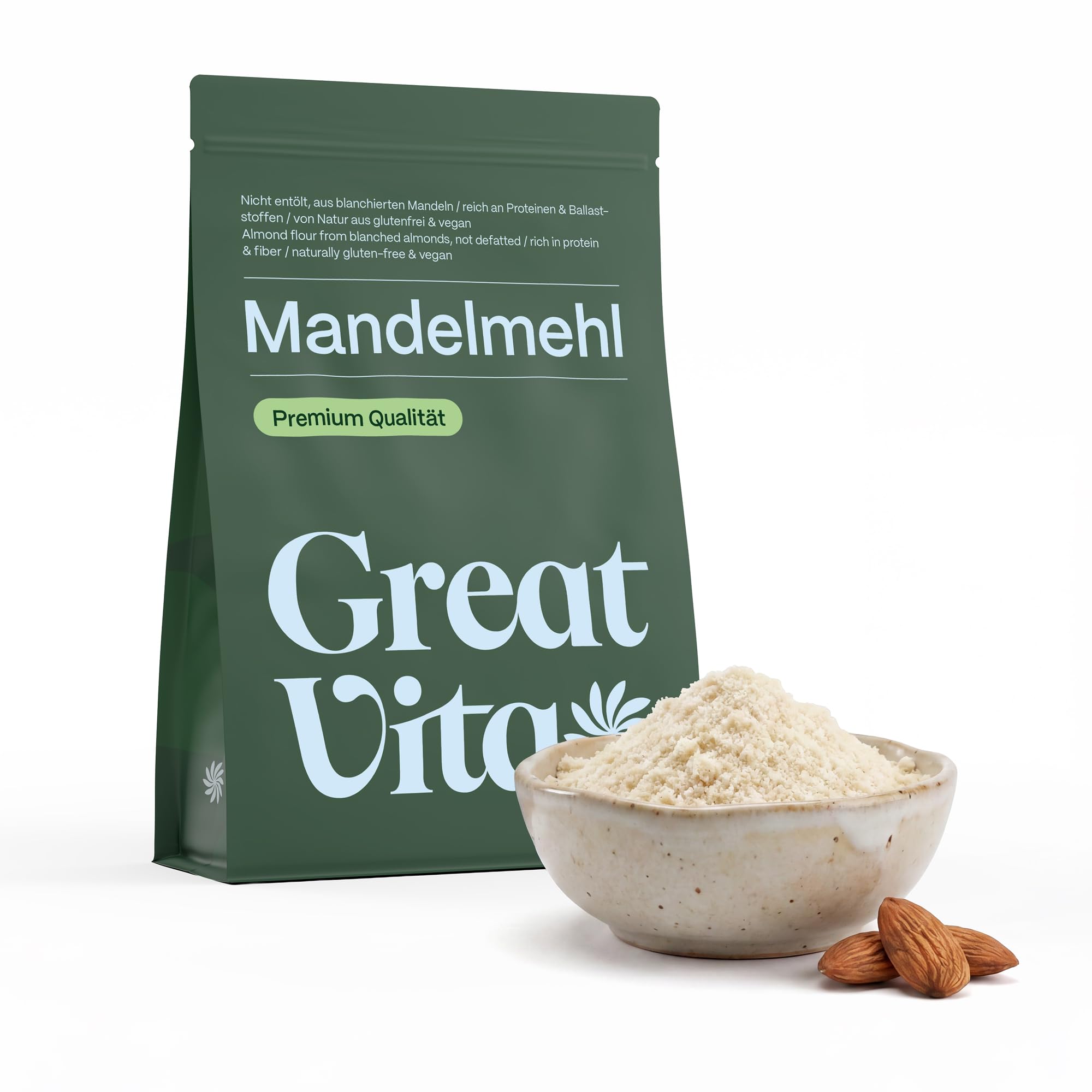 GREAT VITA Mandelmehl Blanchiert 1kg - Fein Gemahlene Mandeln, Nicht Entölt - Glutenfreies Low Carb Mehl zum Backen, Panieren & für Macarons | Vegan, Proteinreich, Naturbelassen