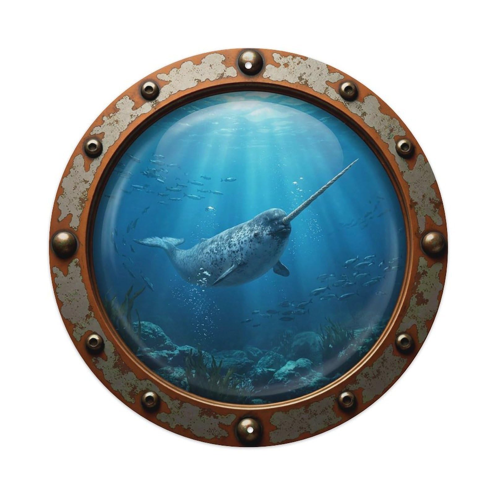 Gead 8X8inch Style Vintage Porthole Narwhal Nautical Window View Metal Tin Sign