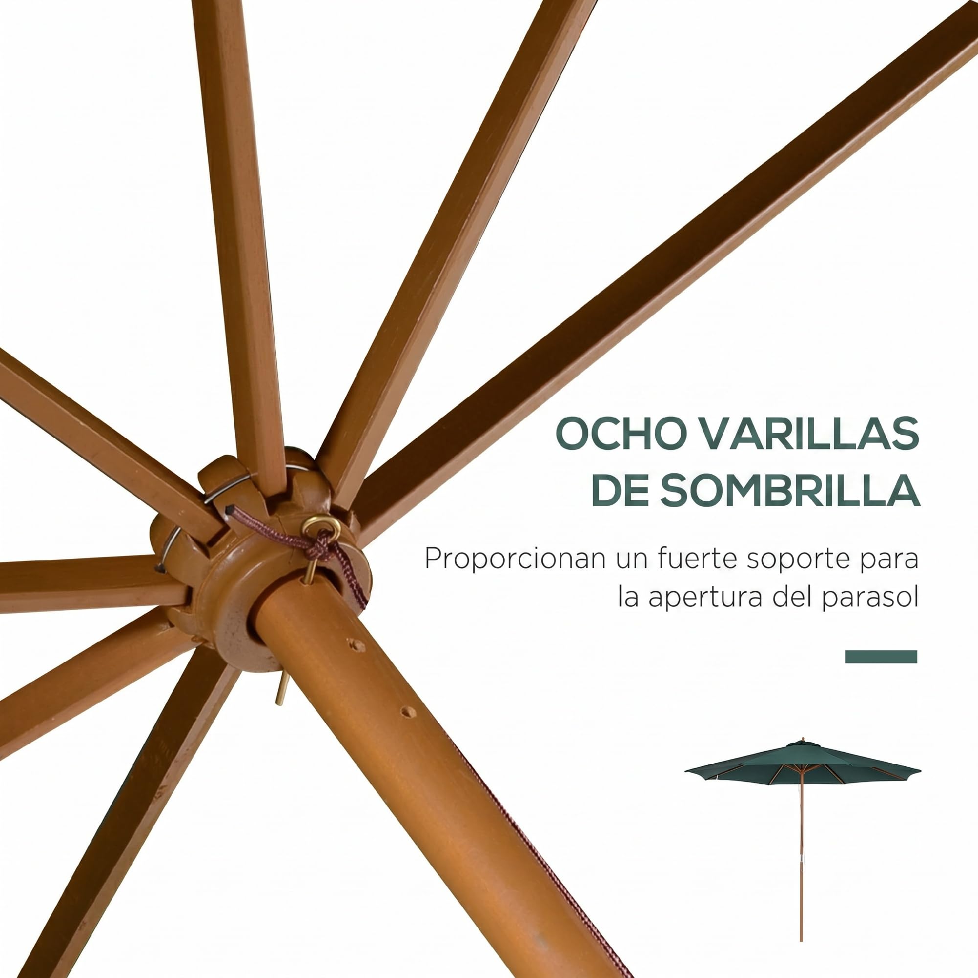 Outsunny Sombrilla Ø300x250 cm Parasol Poste de Madera 8 Varillas Verde | Sistema de Poleas, con Fijación, Jardín Patio Terraza Exterior